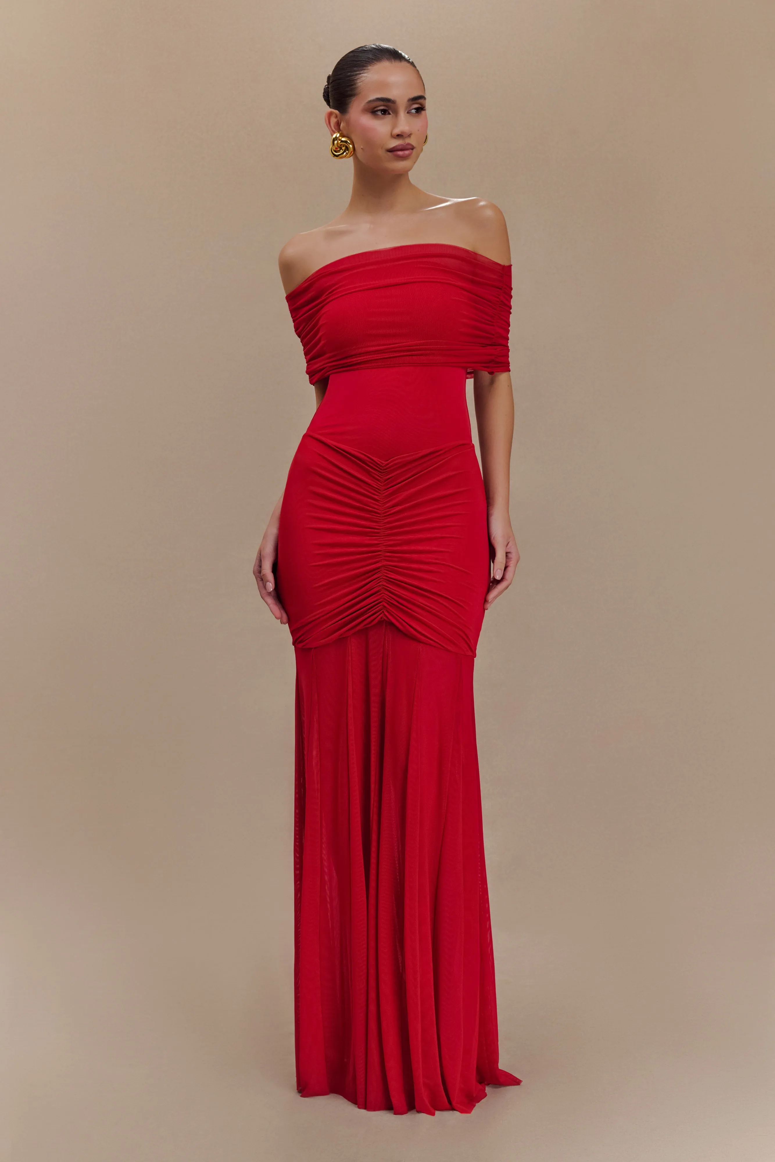 Caspian Slinky And Mesh Off Shoulder Maxi Dress - Ruby Red sold by Meshki