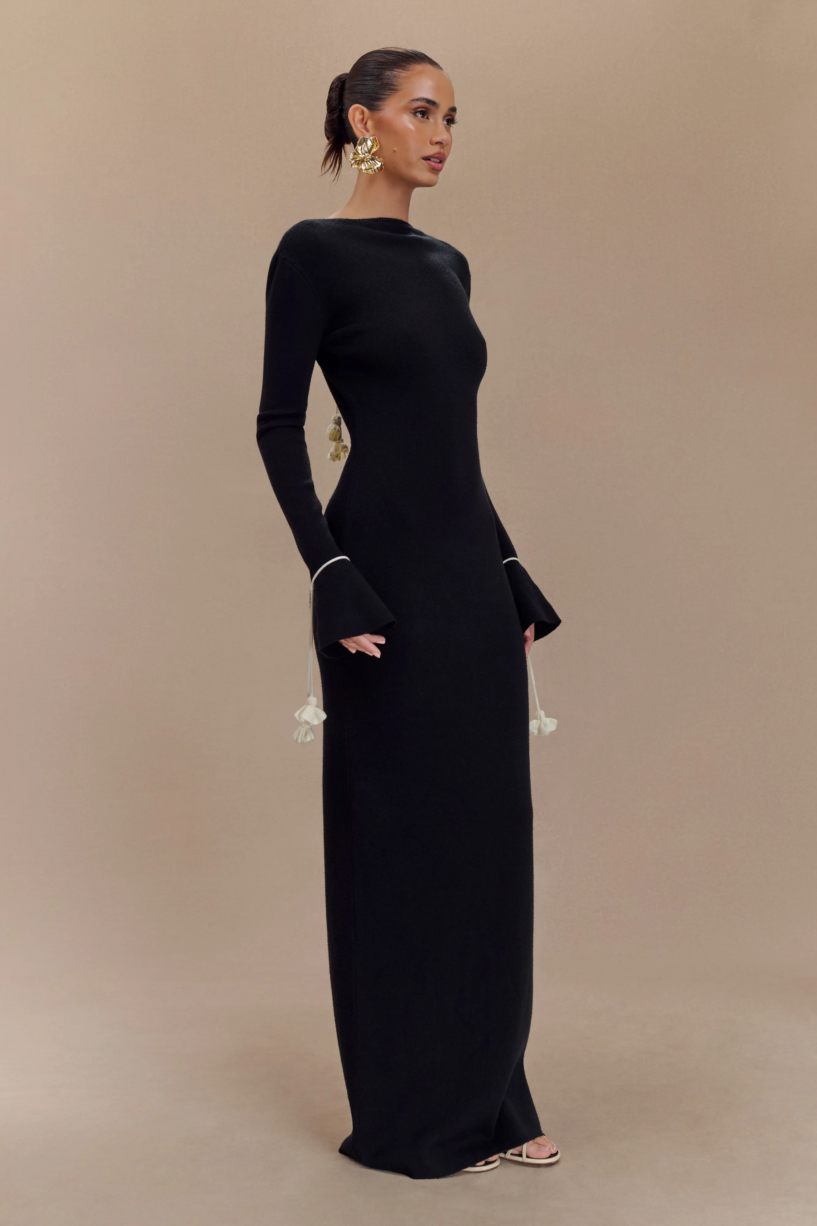 Erica Knit Maxi Dress With Floral Ties - Black And White sold by Meshki product image thumbnail 5