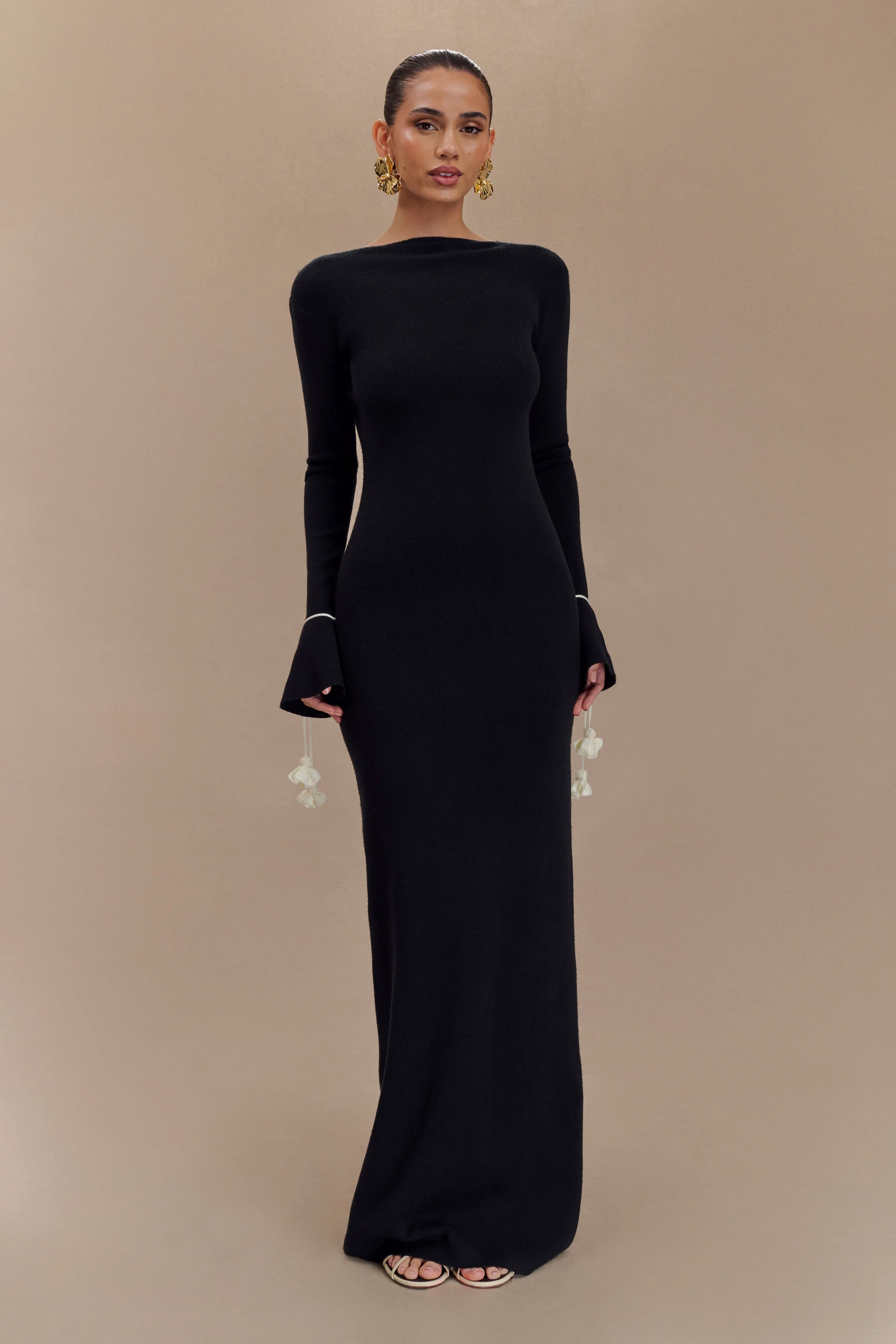 Erica Knit Maxi Dress With Floral Ties - Black And White sold by Meshki product image thumbnail 4