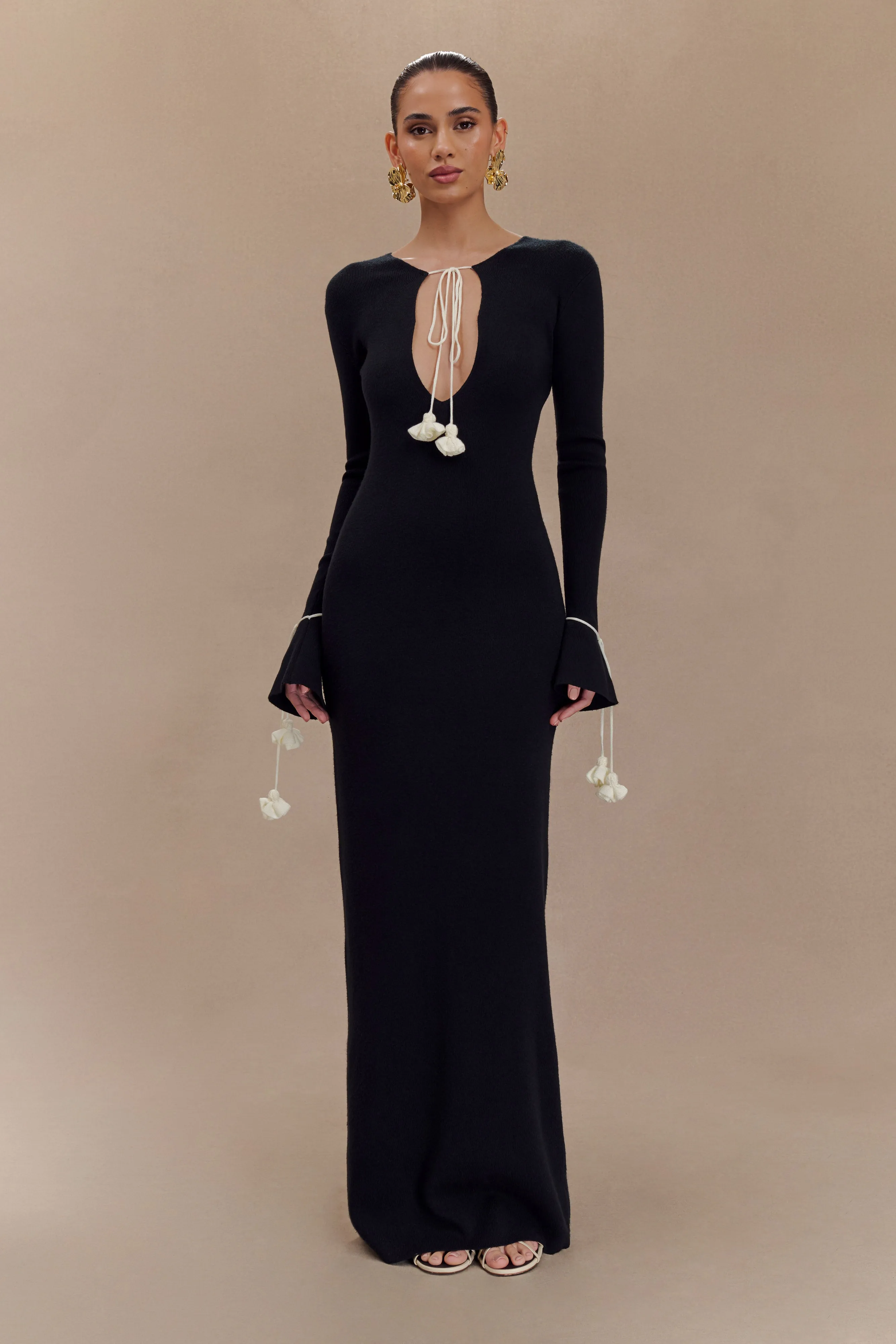 Erica Knit Maxi Dress With Floral Ties - Black And White sold by Meshki