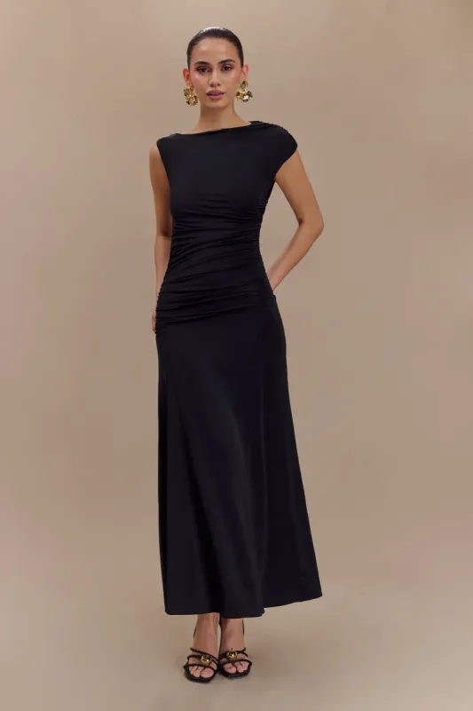 Navanna Asymmetric Slinky Midi Dress - Black sold by Meshki