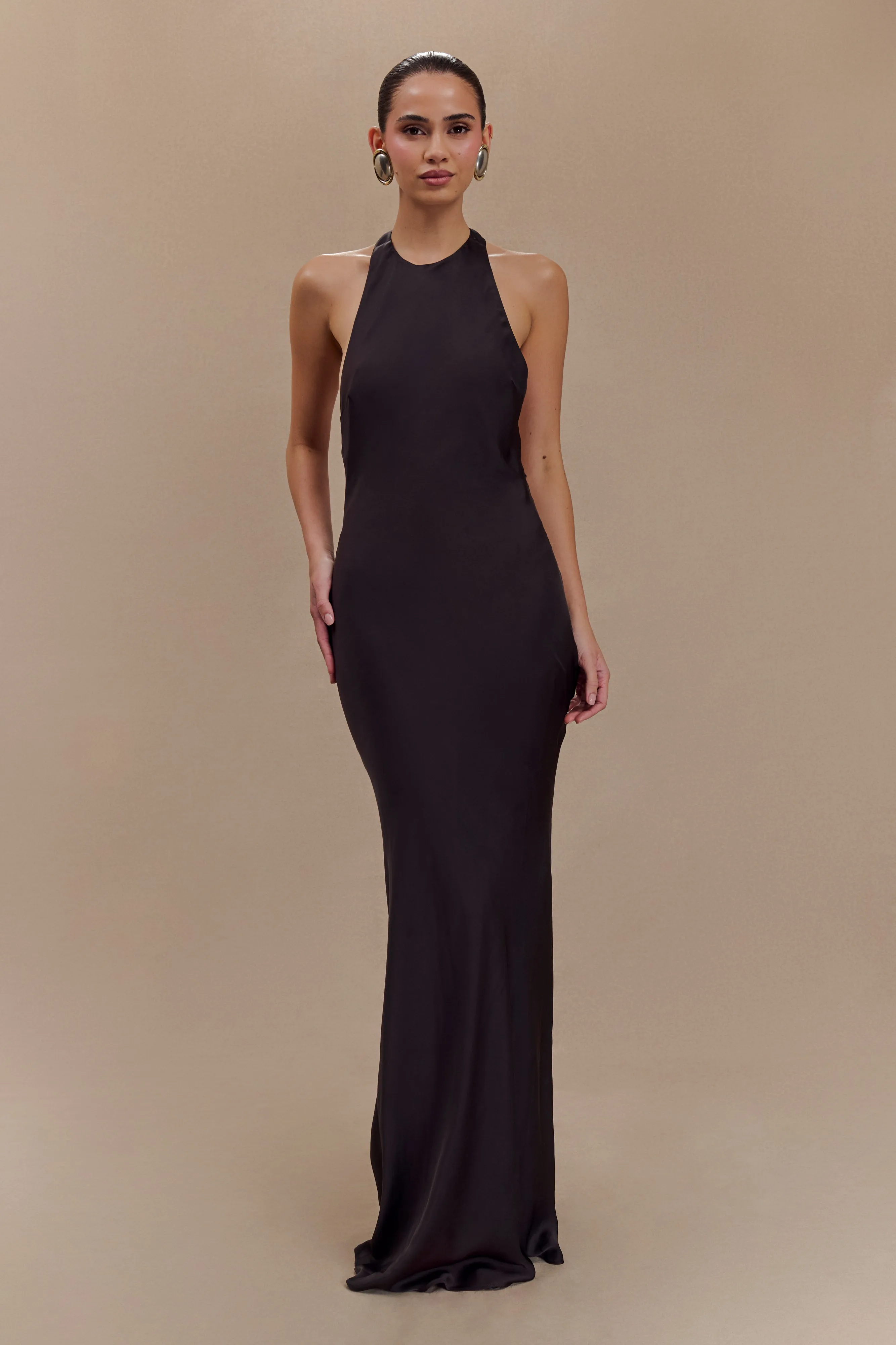 Rinna Satin Halter Maxi Dress - Black sold by Meshki