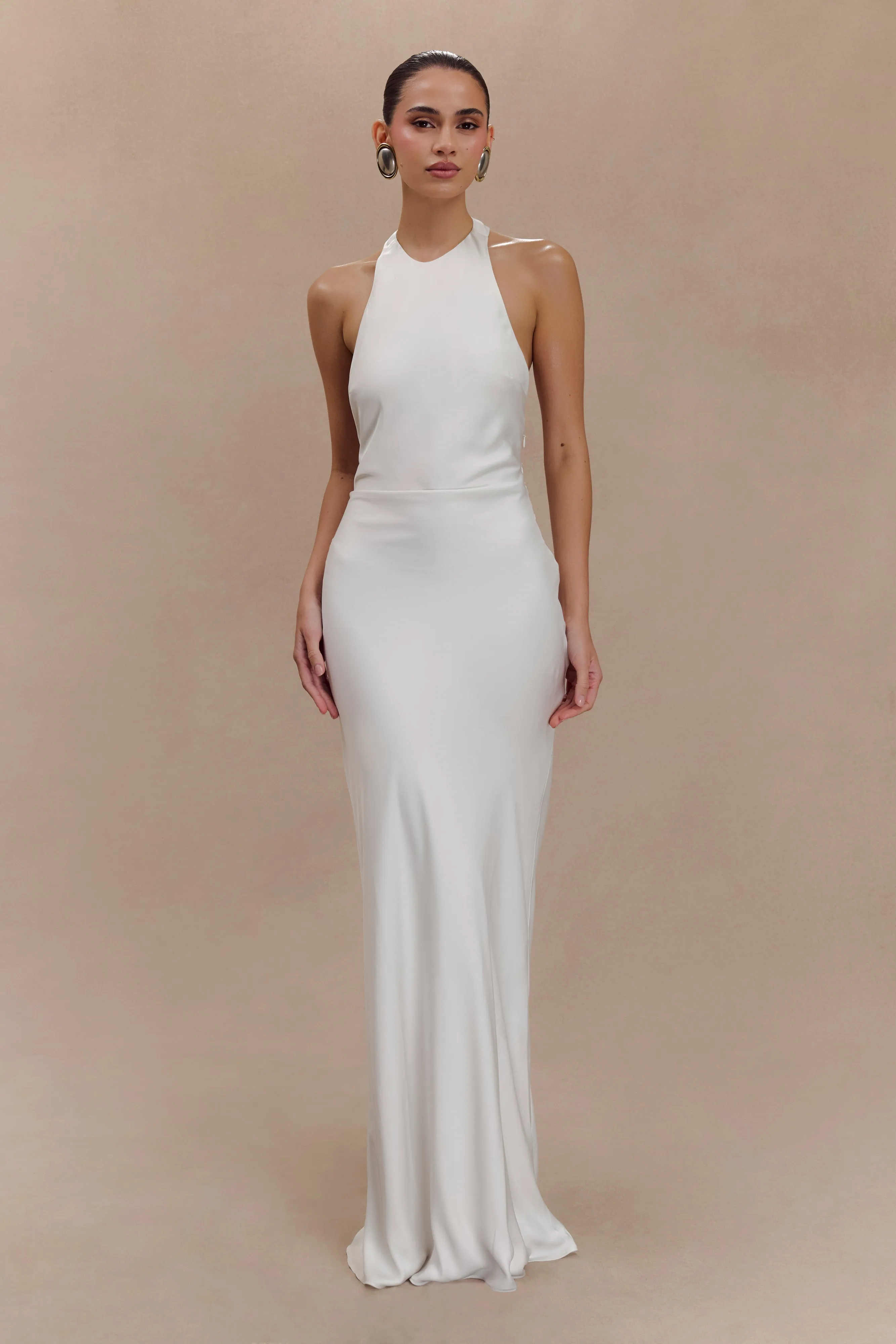 Rinna Satin Halter Maxi Dress - Ivory sold by Meshki