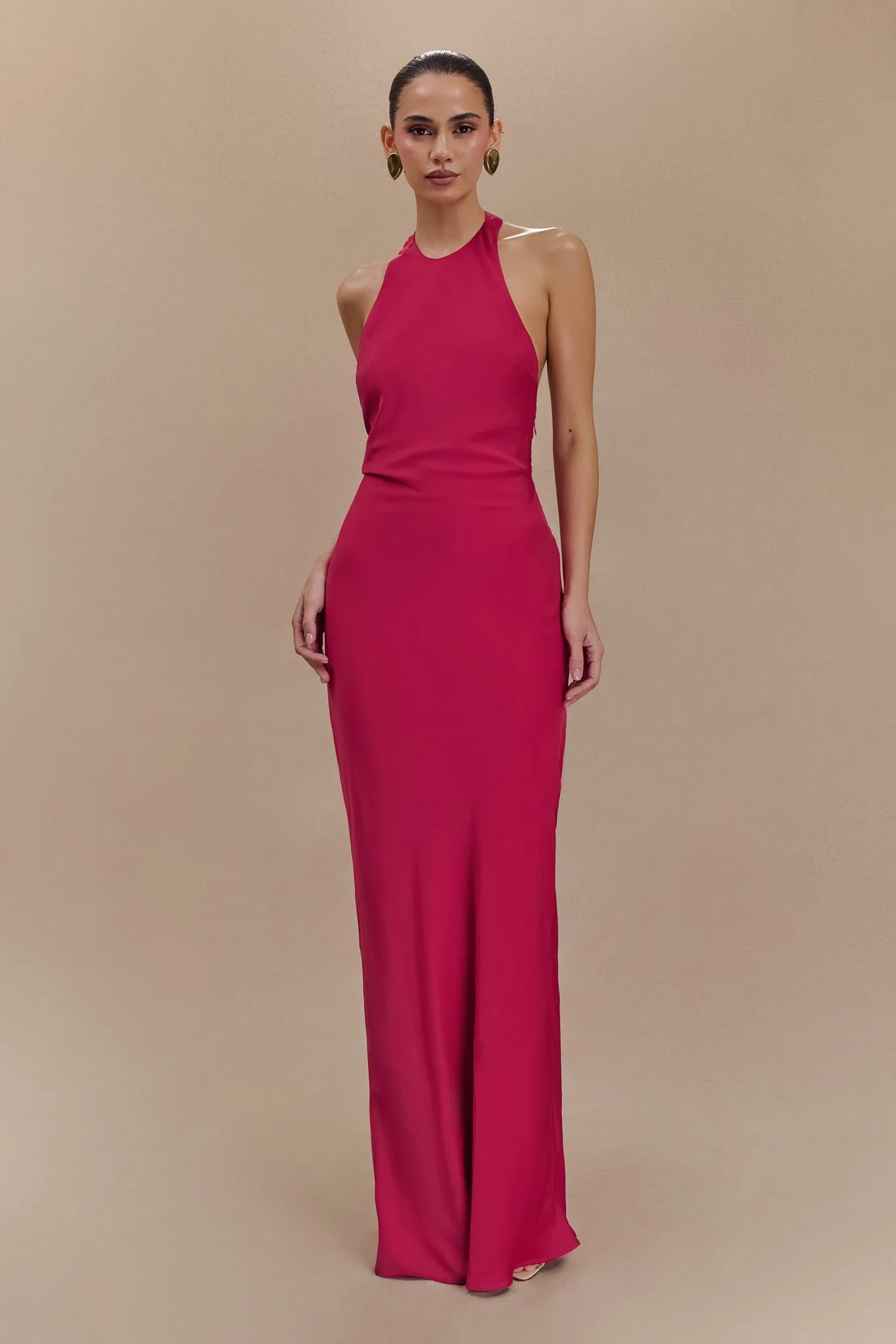 Rinna Satin Halter Maxi Dress - Pink Cherry sold by Meshki