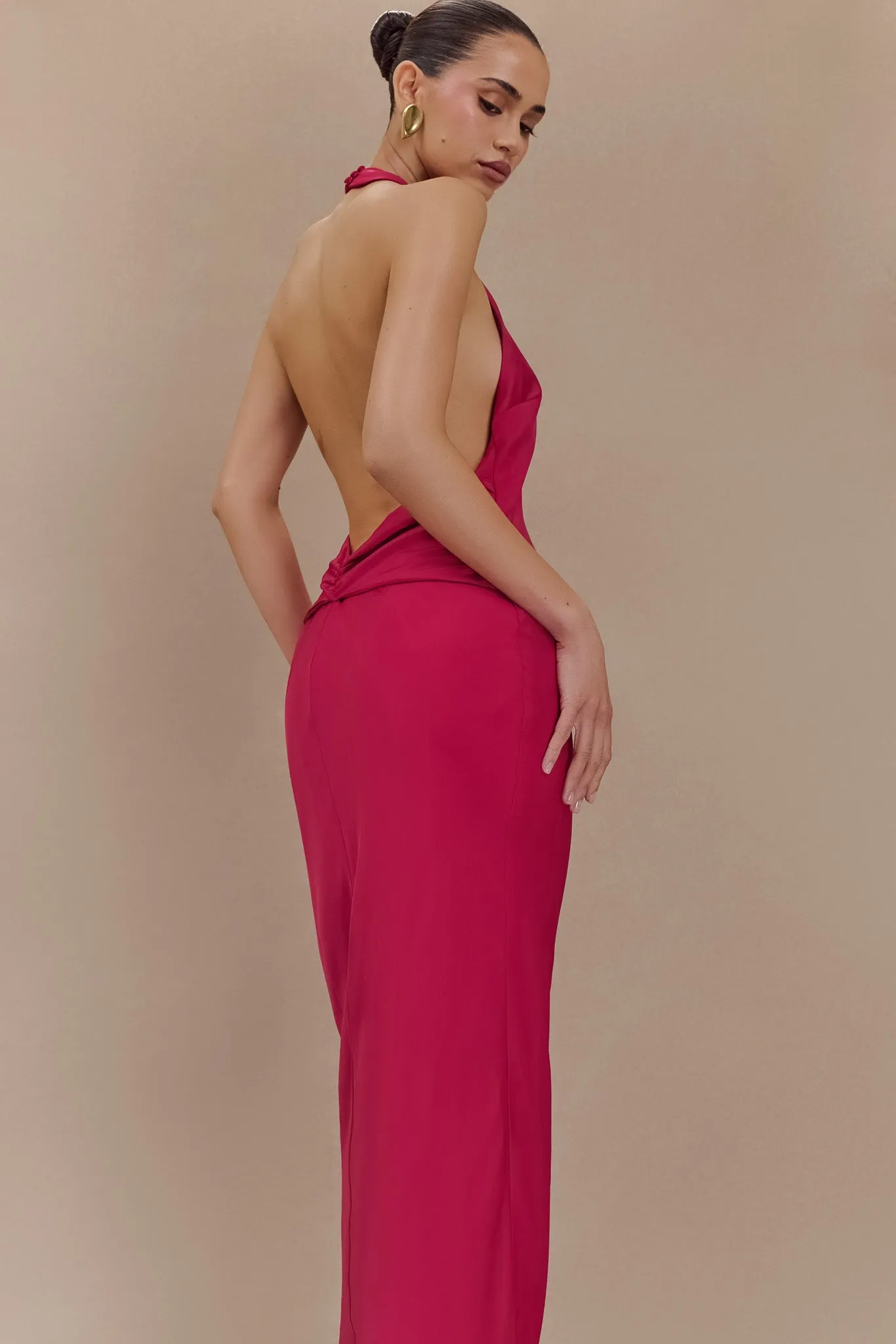 Rinna Satin Halter Maxi Dress - Pink Cherry sold by Meshki product image thumbnail 5