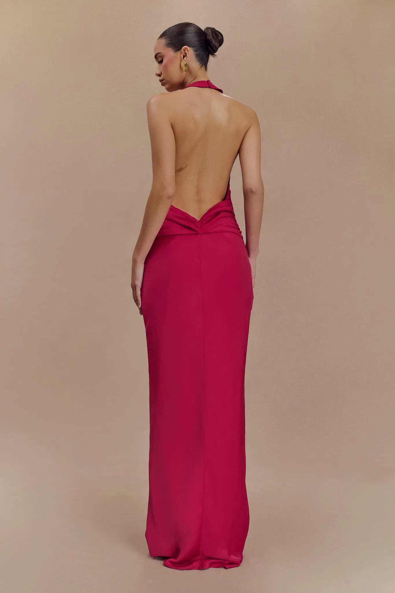 Rinna Satin Halter Maxi Dress - Pink Cherry sold by Meshki product image thumbnail 2