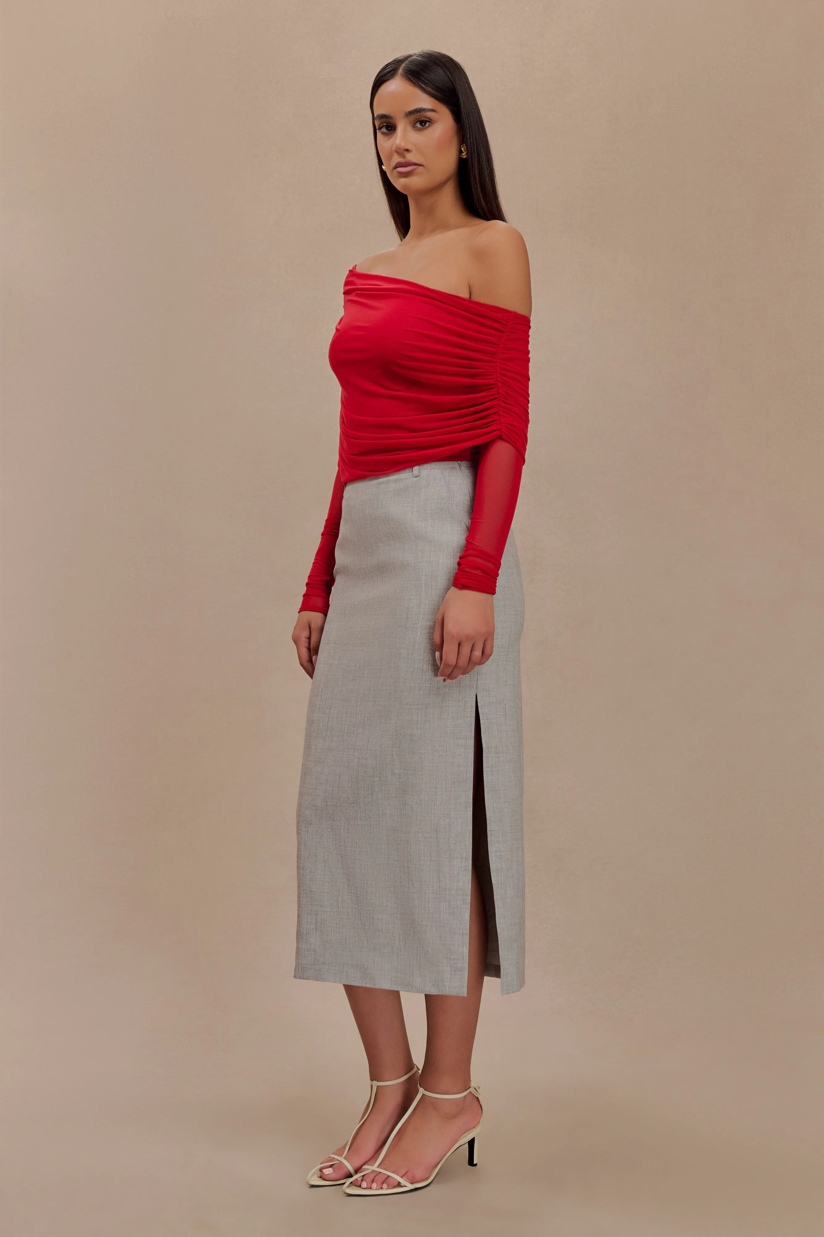 Everly Sheer Mesh Off Shoulder Top - Ruby sold by Meshki product image thumbnail 4