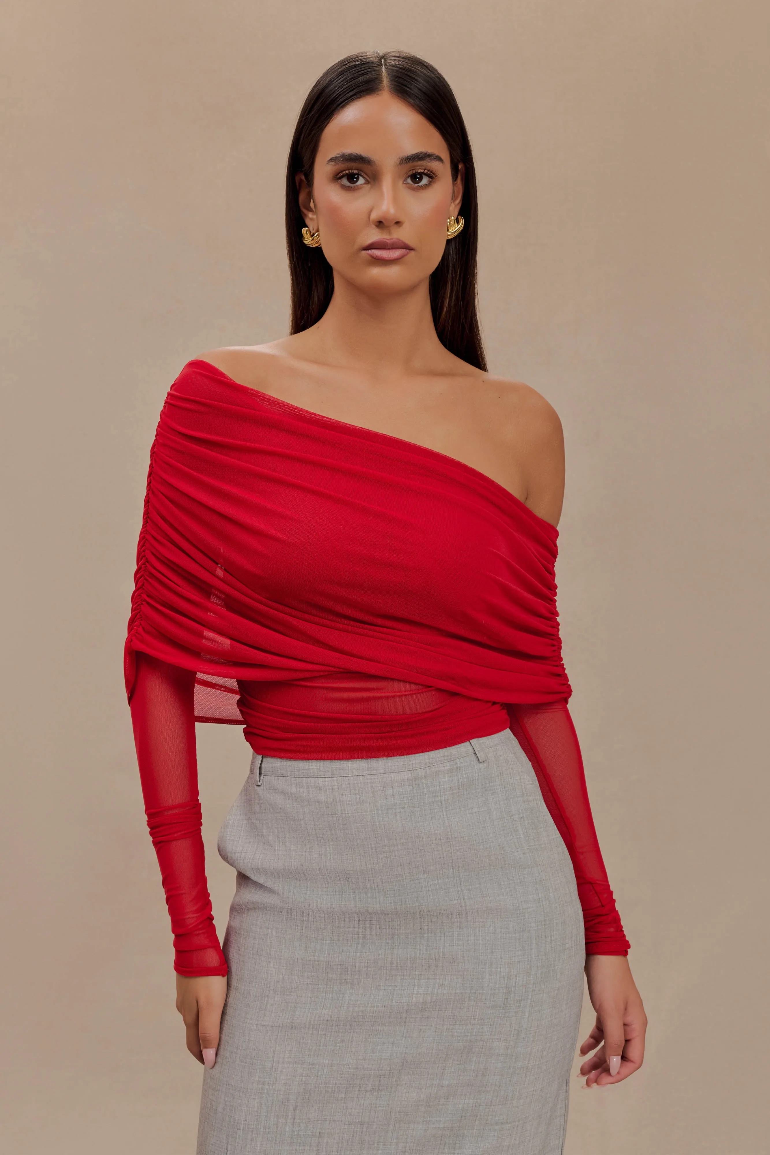 Everly Sheer Mesh Off Shoulder Top - Ruby sold by Meshki