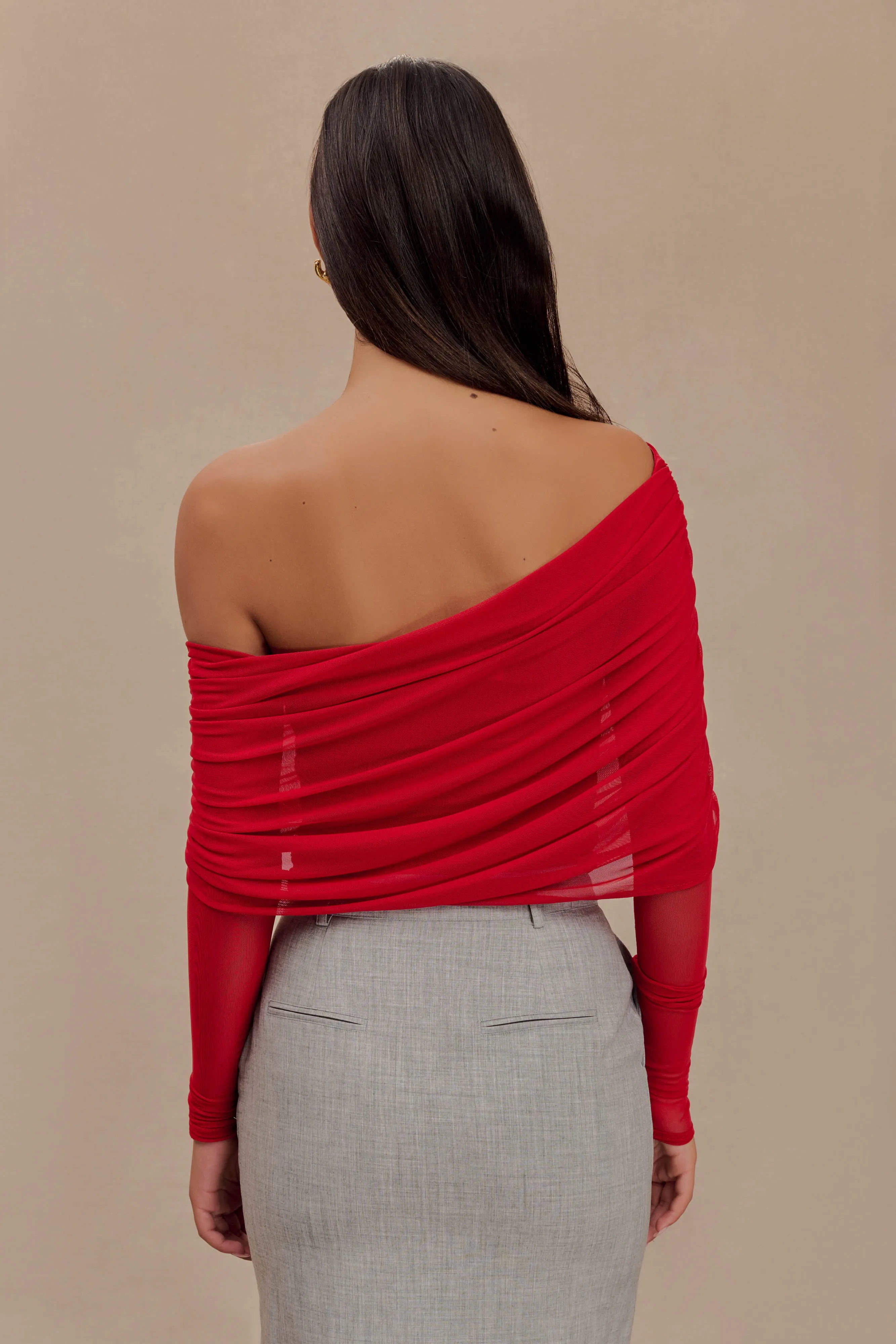 Everly Sheer Mesh Off Shoulder Top - Ruby sold by Meshki product image thumbnail 2