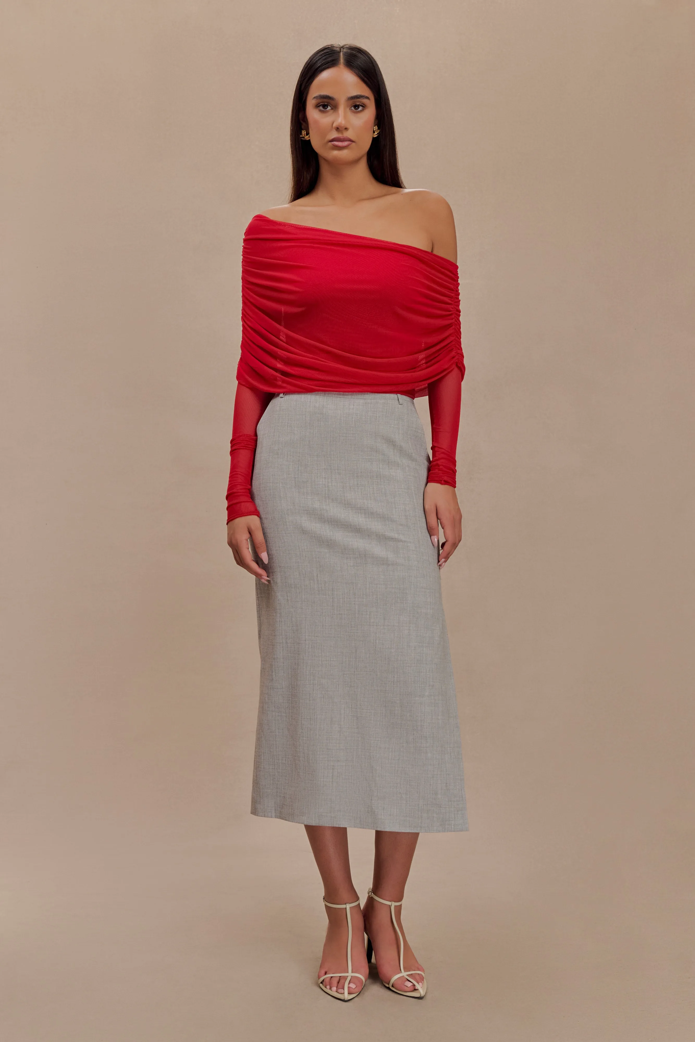 Everly Sheer Mesh Off Shoulder Top - Ruby sold by Meshki product image thumbnail 3