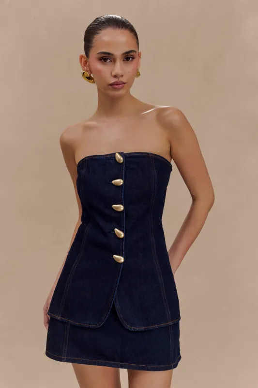 Lennox Strapless Long Line Button Top - Indigo Blue sold by Meshki