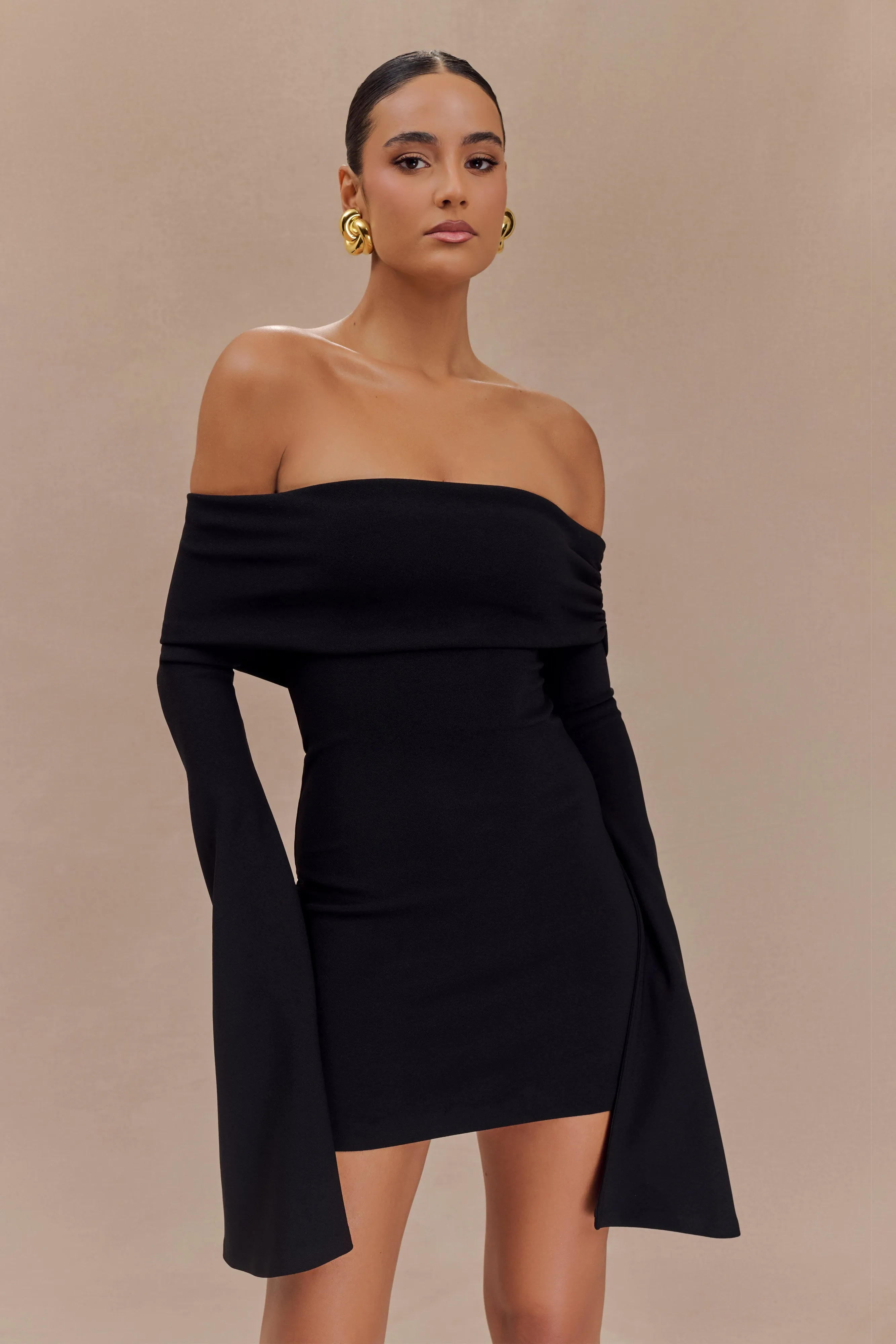 Dominique Off Shoulder Long Sleeve Mini Dress - Black sold by Meshki product image thumbnail 5