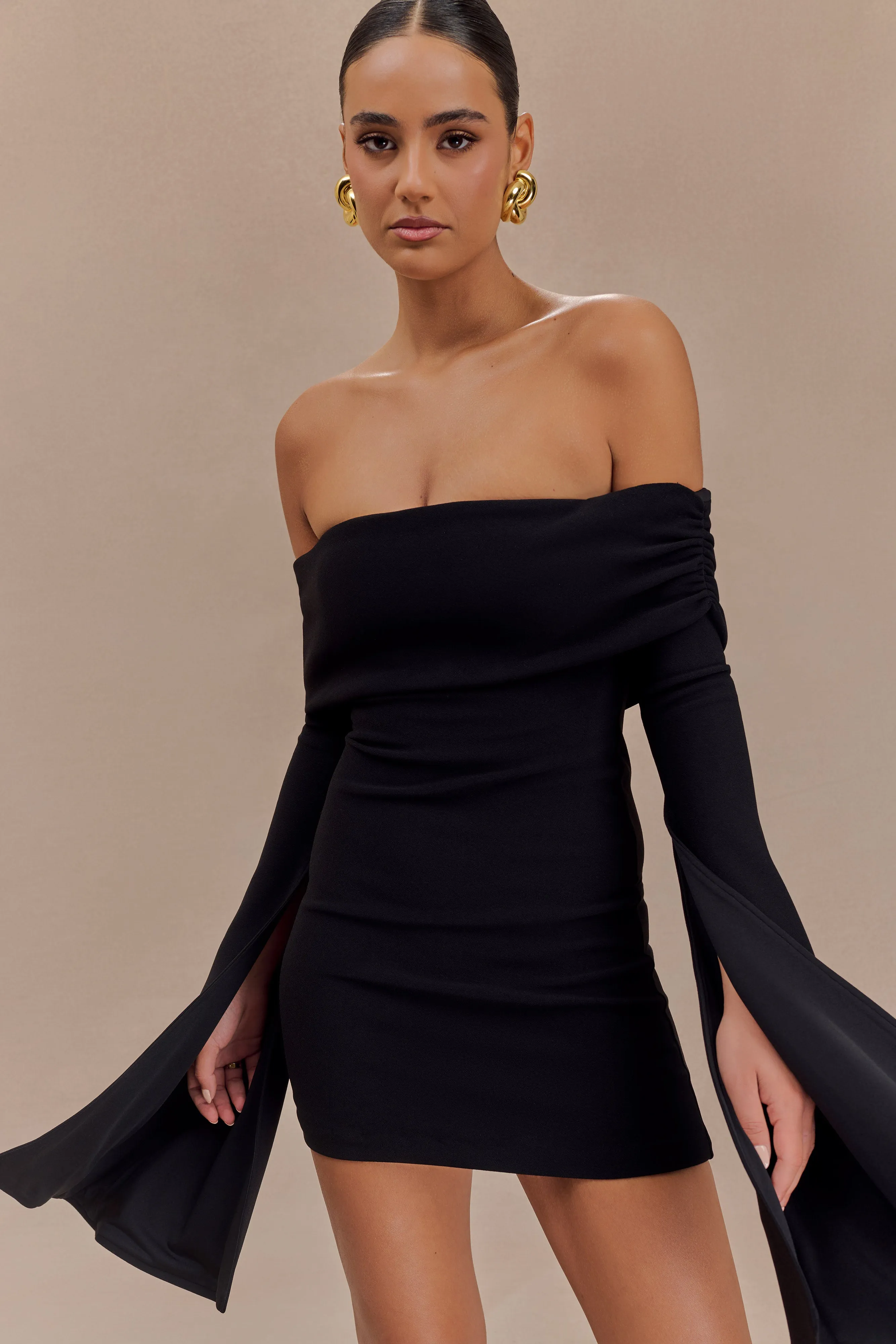 Dominique Off Shoulder Long Sleeve Mini Dress - Black sold by Meshki product image thumbnail 3