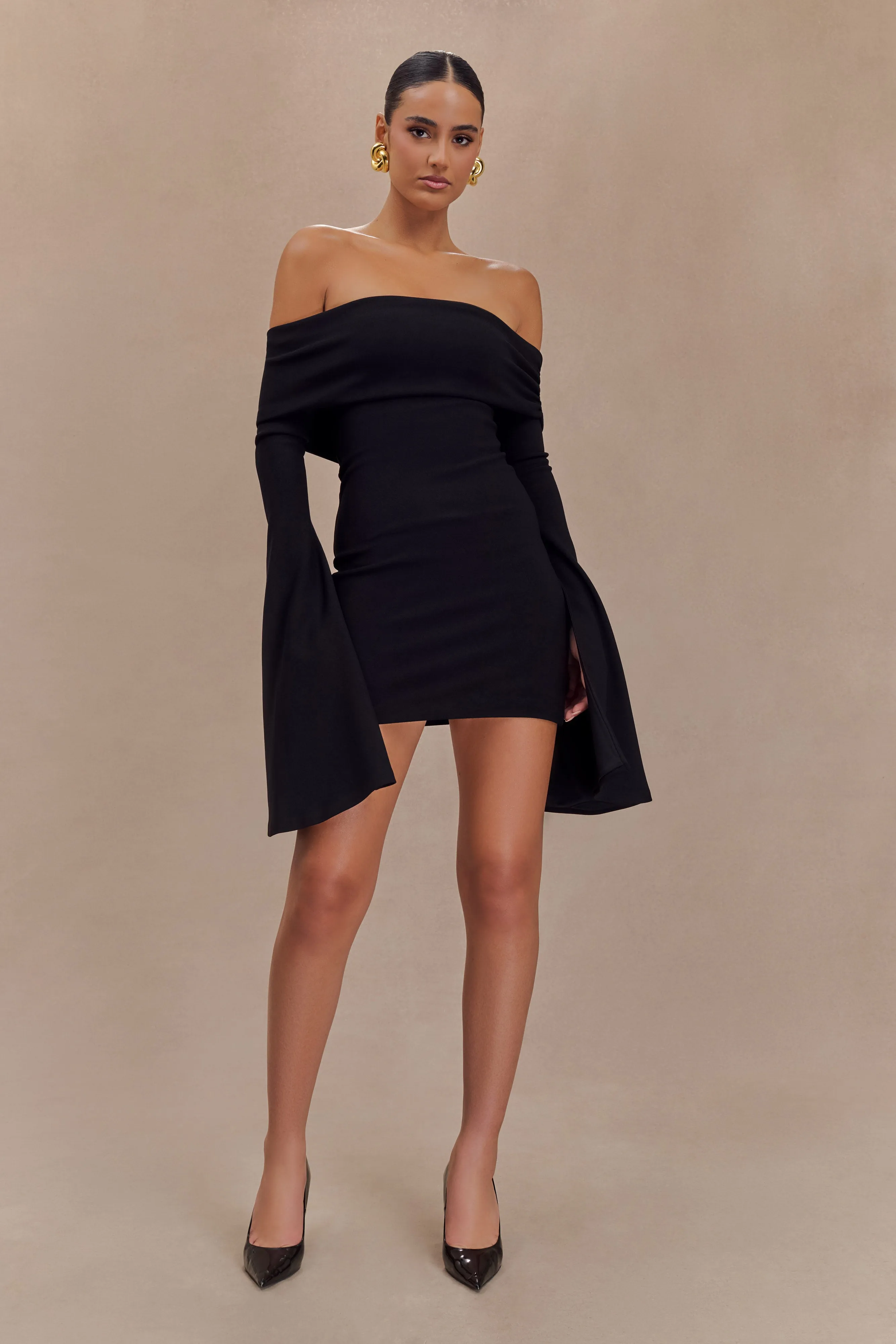 Dominique Off Shoulder Long Sleeve Mini Dress - Black sold by Meshki