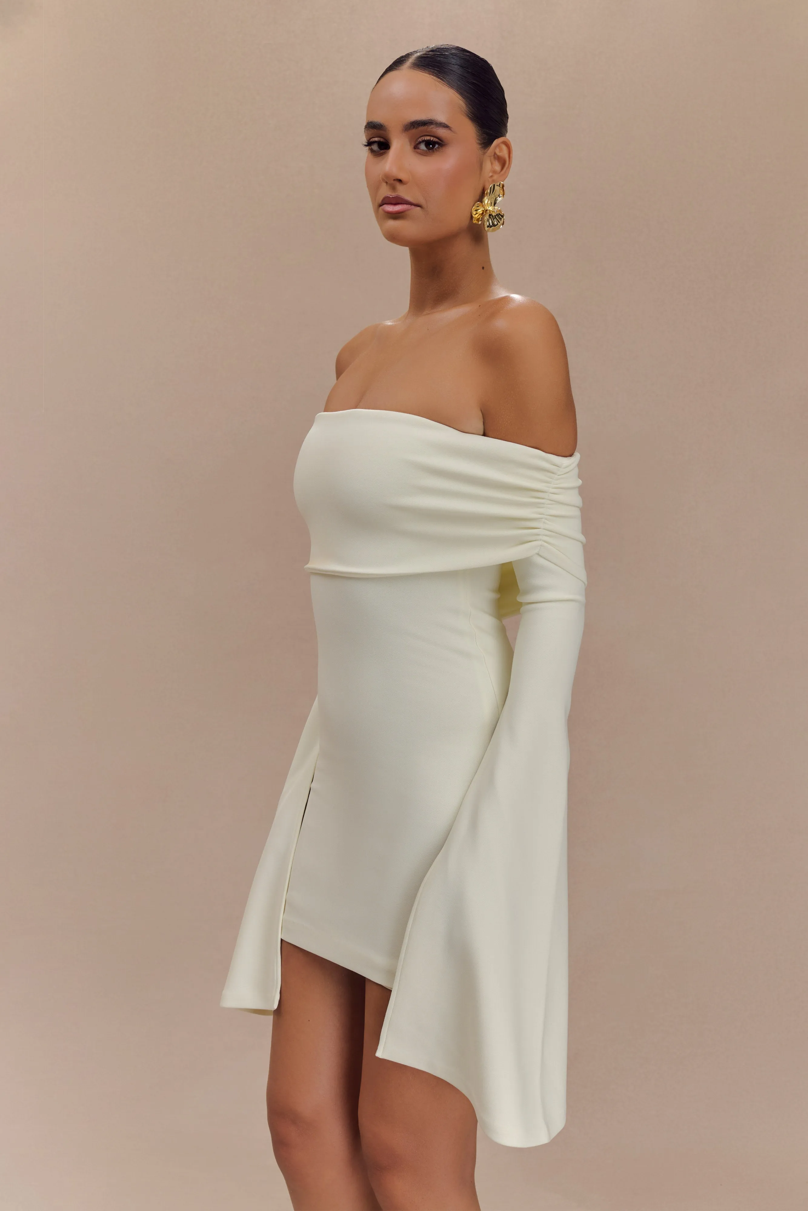 Dominique Off Shoulder Long Sleeve Mini Dress - Ivory sold by Meshki product image thumbnail 4