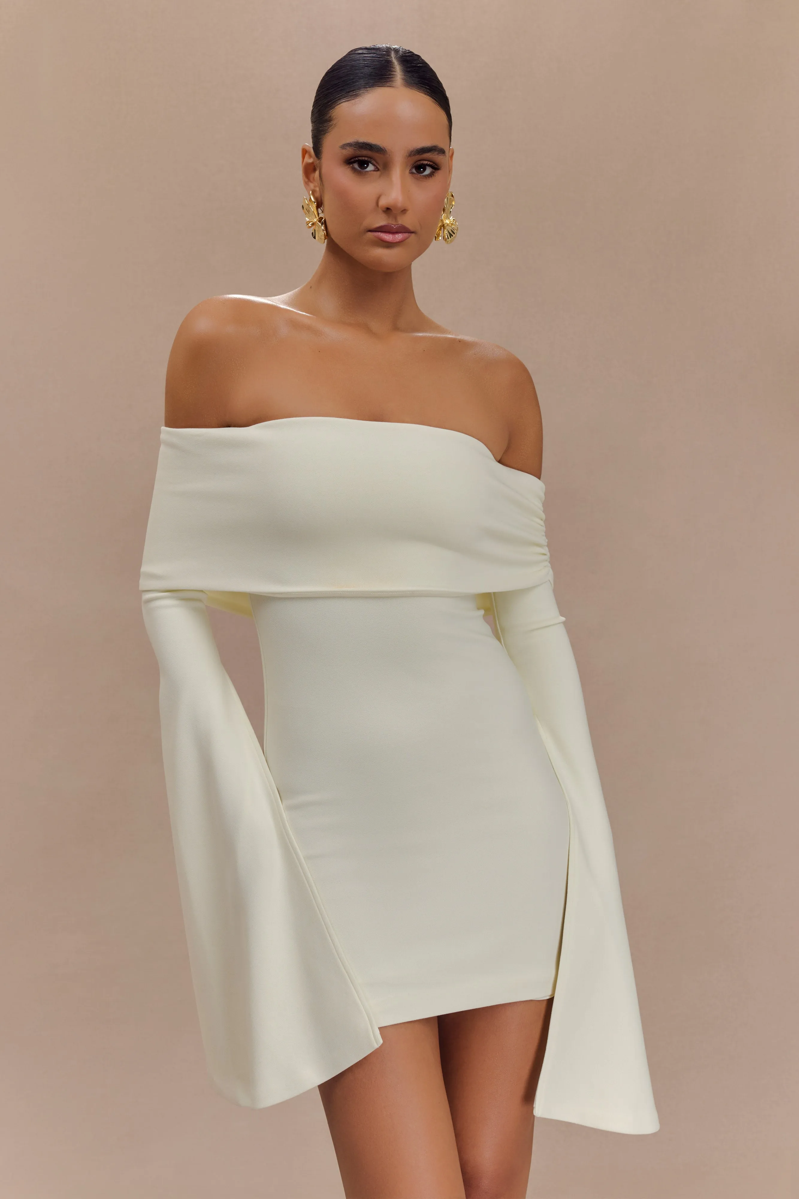 Dominique Off Shoulder Long Sleeve Mini Dress - Ivory sold by Meshki