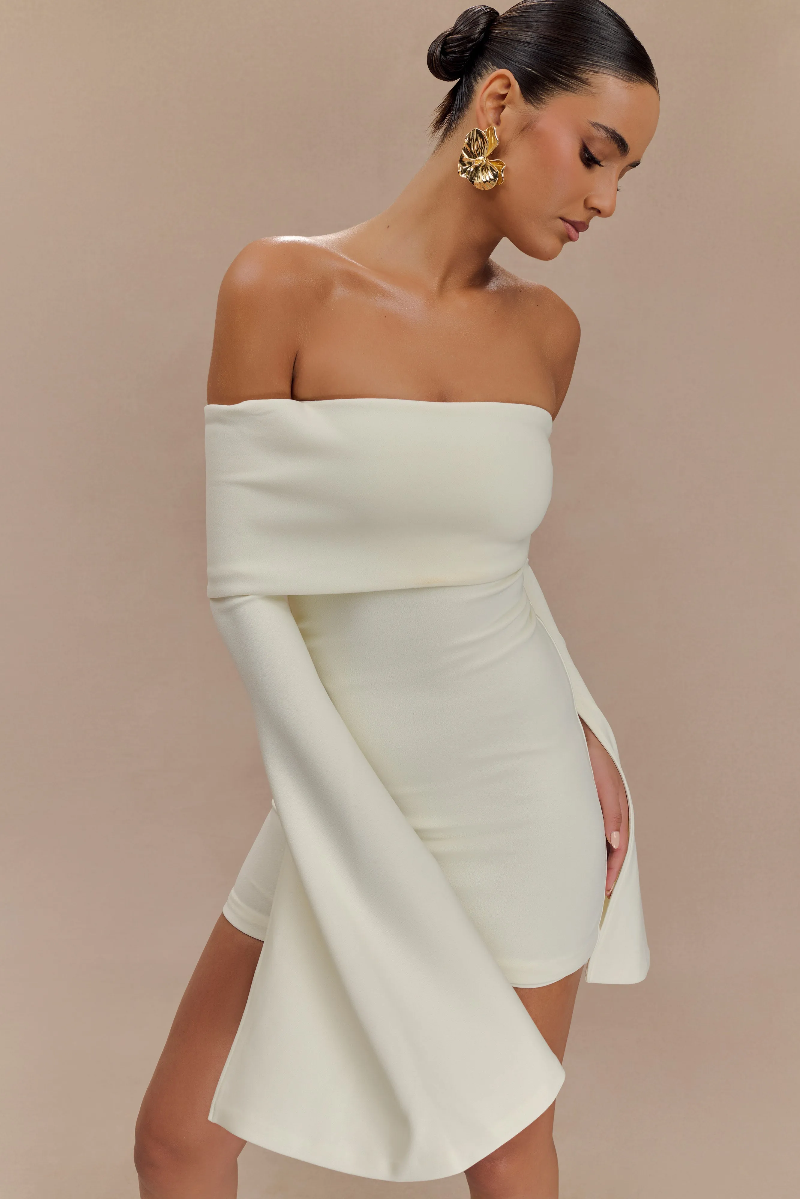 Dominique Off Shoulder Long Sleeve Mini Dress - Ivory sold by Meshki product image thumbnail 3