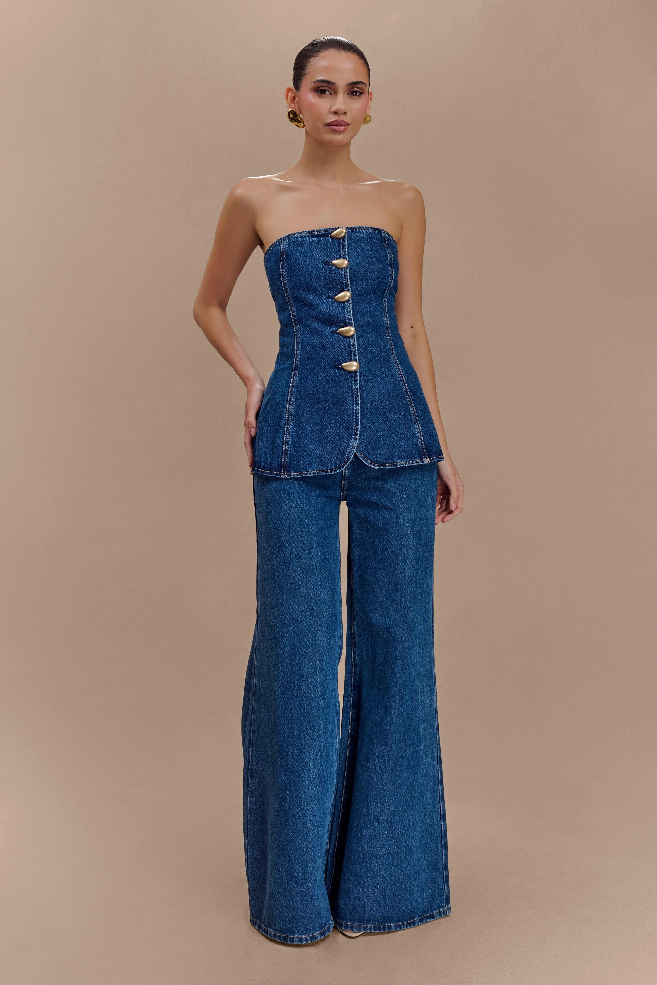 Lennox Strapless Long Line Button Top - Dark Blue sold by Meshki product image thumbnail 3