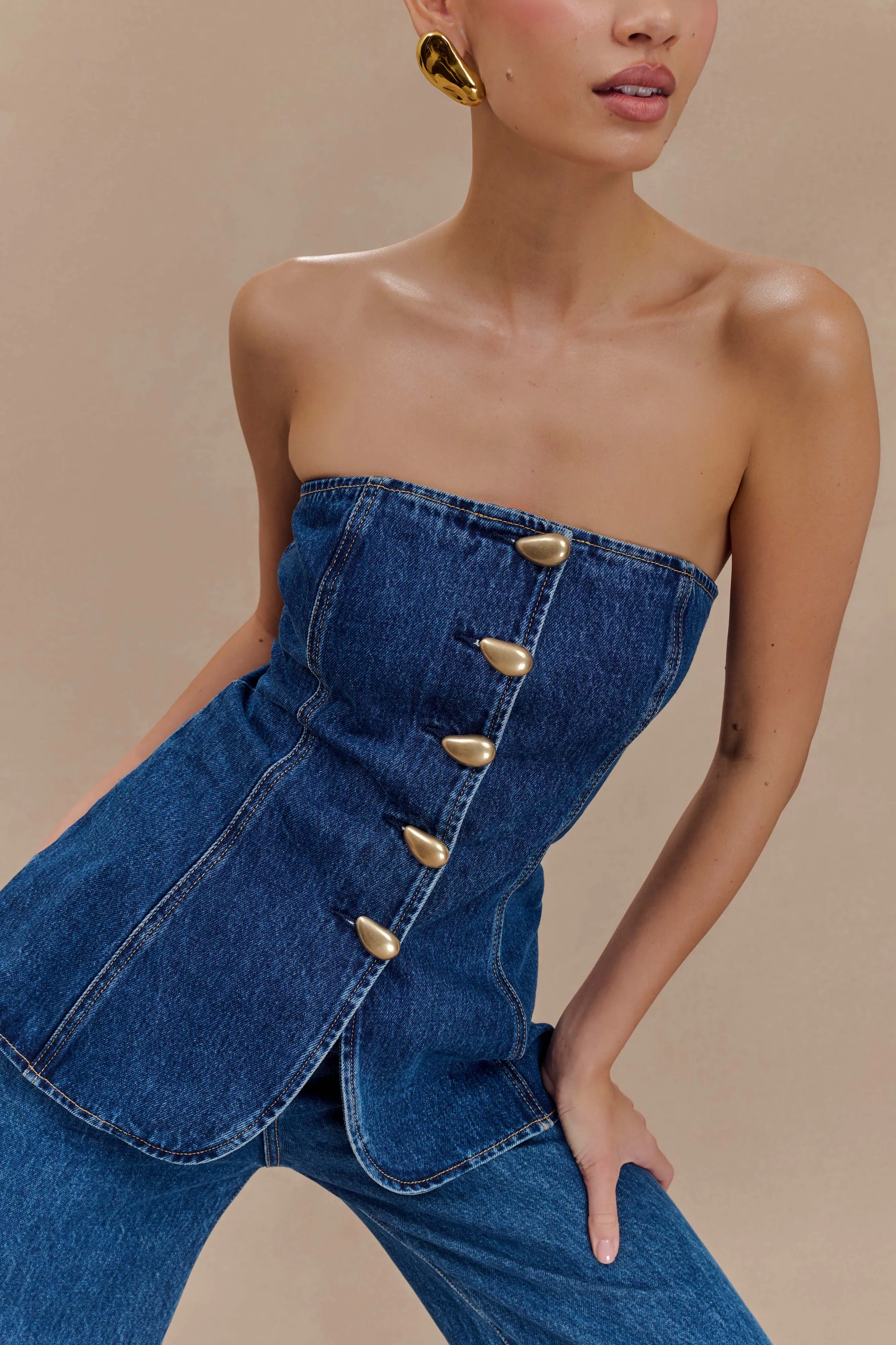 Lennox Strapless Long Line Button Top - Dark Blue sold by Meshki product image thumbnail 4