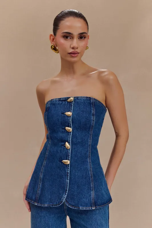 Lennox Strapless Long Line Button Top - Dark Blue sold by Meshki