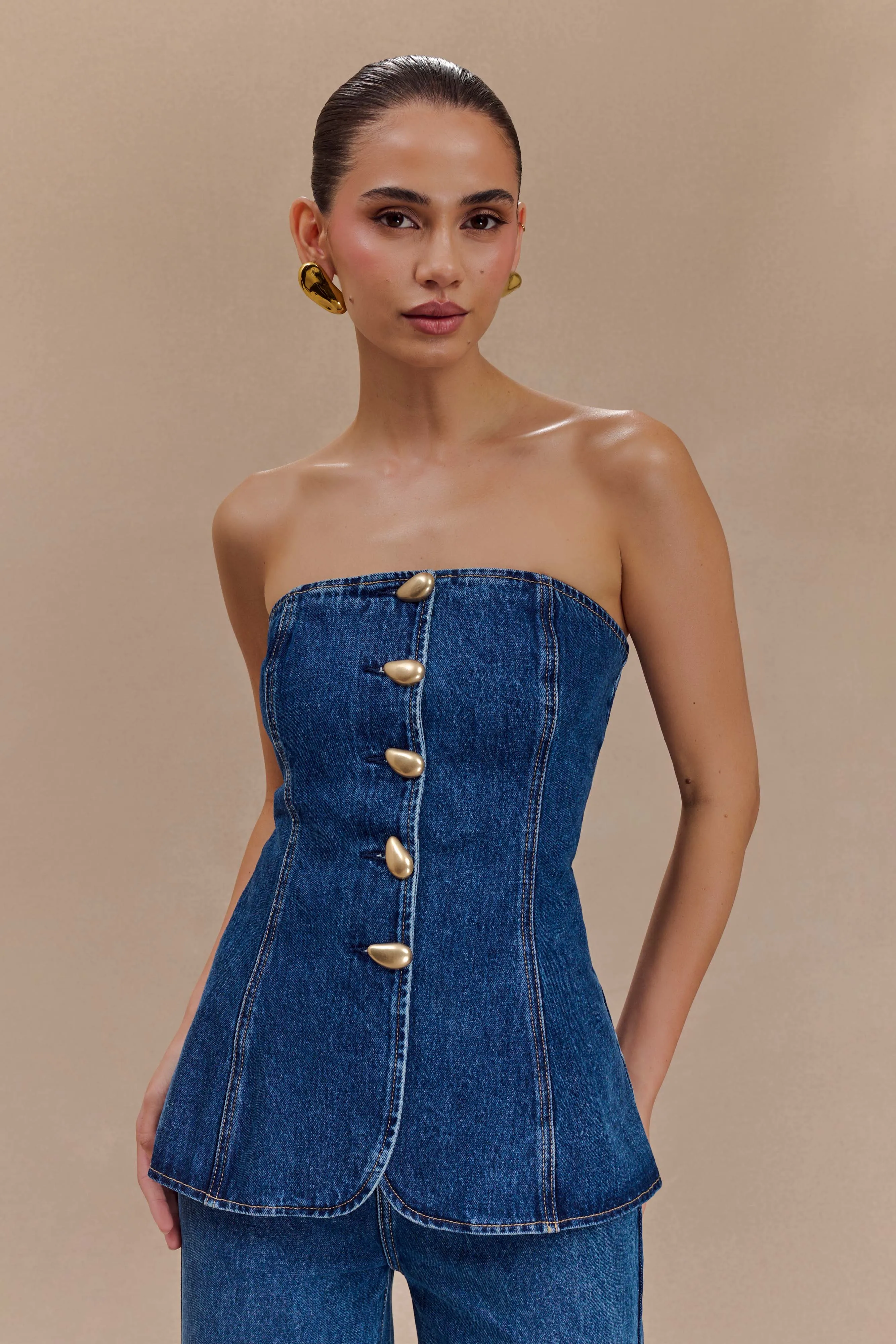 Lennox Strapless Long Line Button Top - Dark Blue sold by Meshki