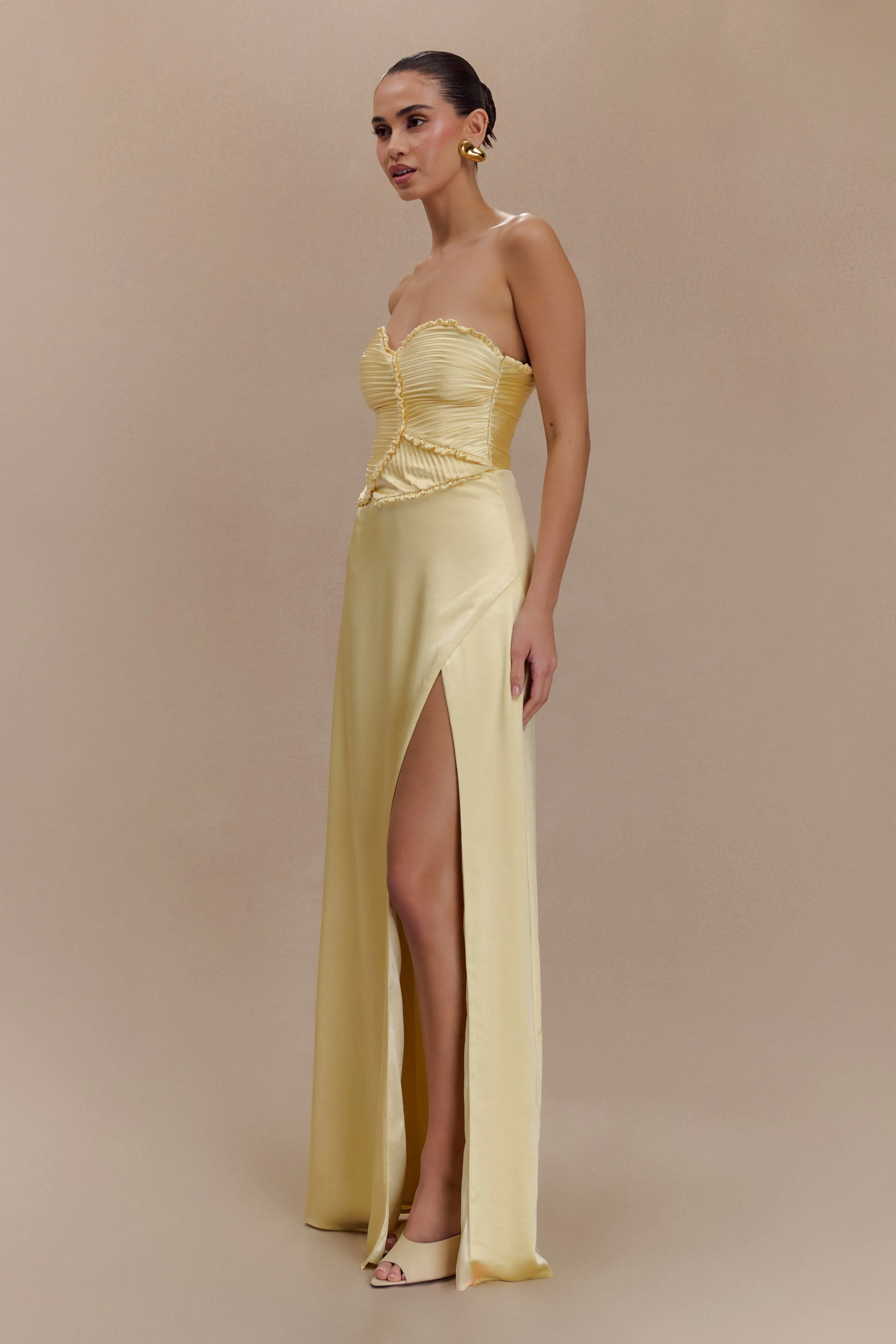 Larissa Satin Maxi Dress With Ruched Petals - Lemon sold by Meshki product image thumbnail 3
