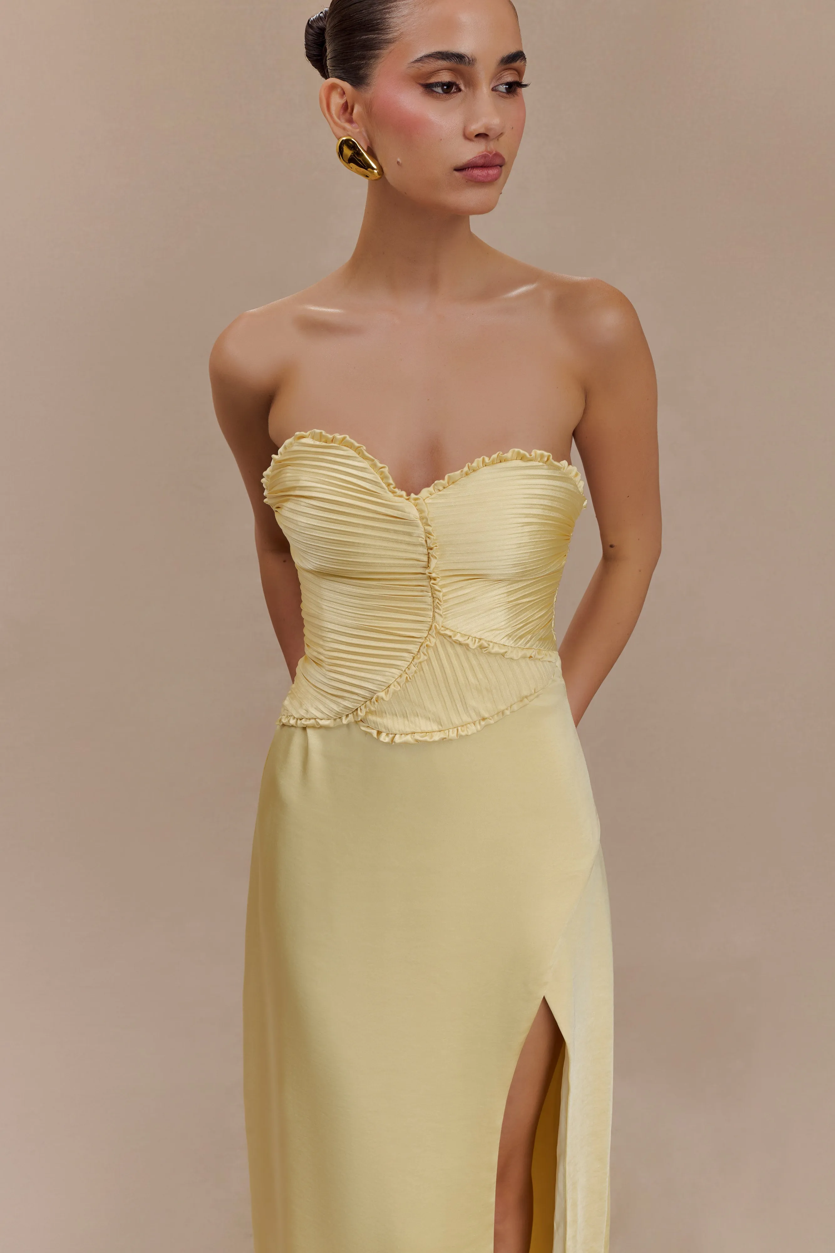 Larissa Satin Maxi Dress With Ruched Petals - Lemon sold by Meshki product image thumbnail 4