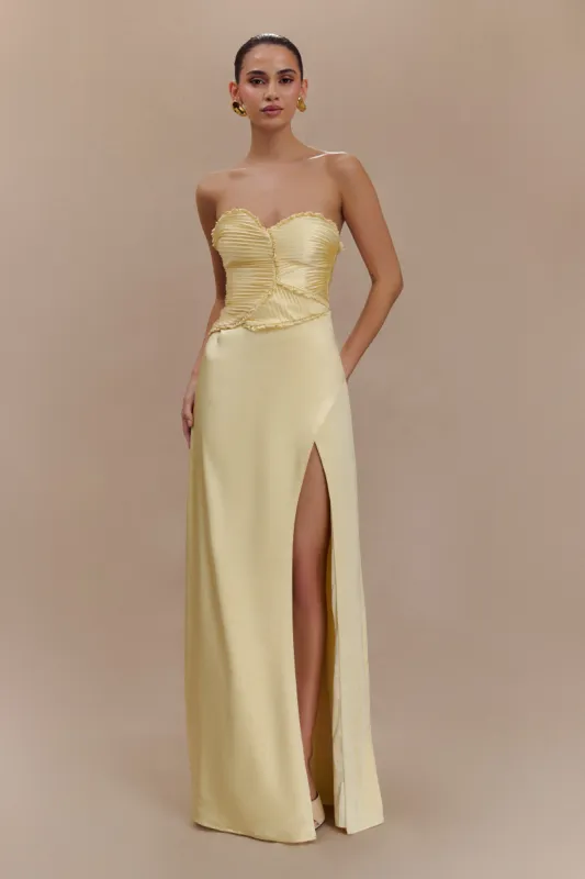 Larissa Satin Maxi Dress With Ruched Petals - Lemon sold by Meshki