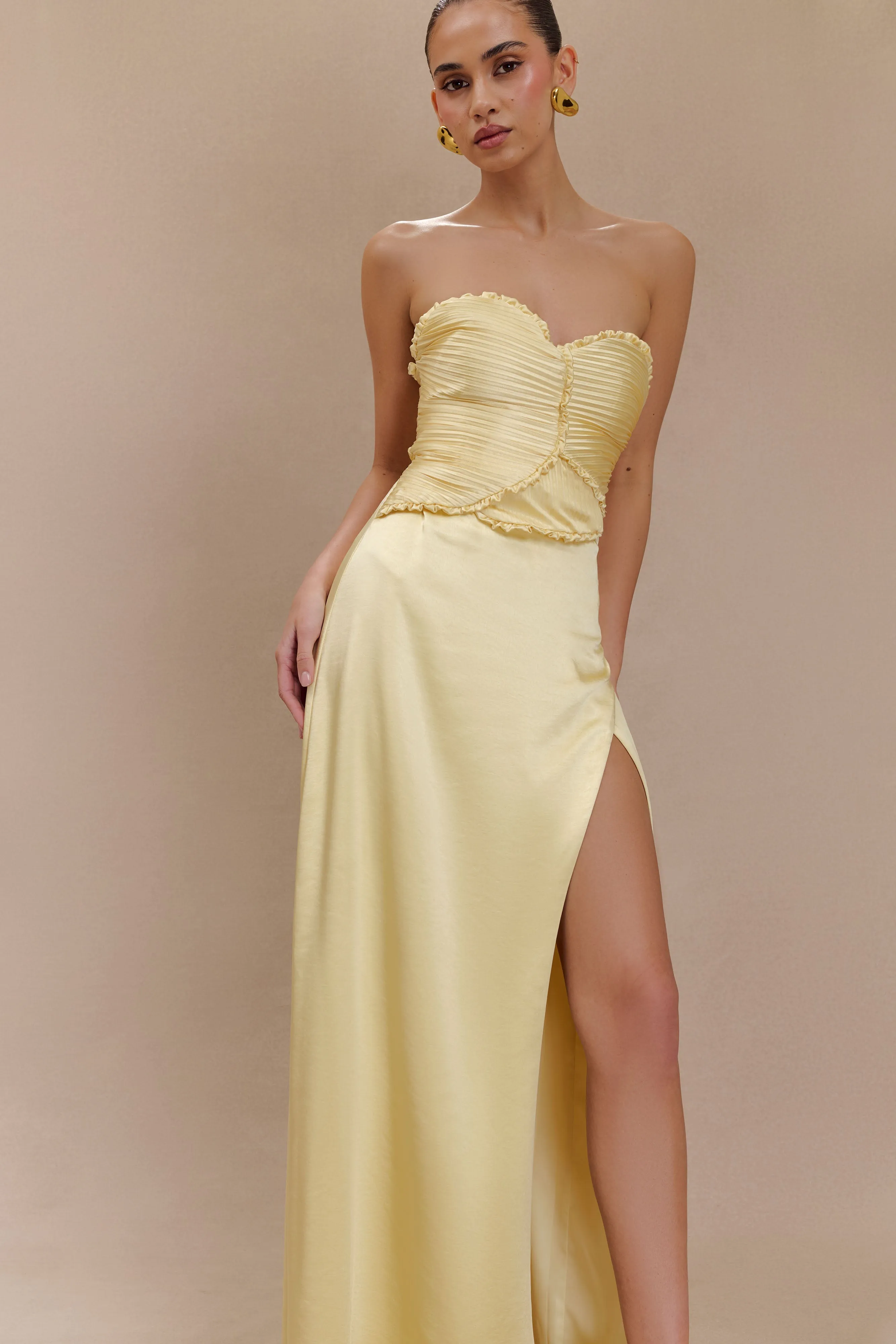 Larissa Satin Maxi Dress With Ruched Petals - Lemon sold by Meshki product image thumbnail 5