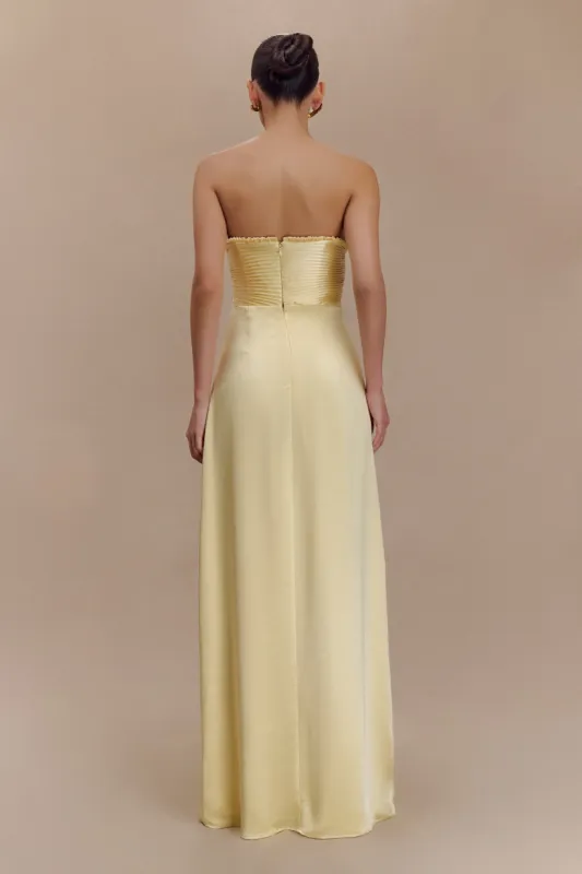 larissa satin maxi dress with ruched petals lemon - Frosted Blue this dress showcases rounded pleated panelling details on the bodice Larissa Satin Maxi Dress With