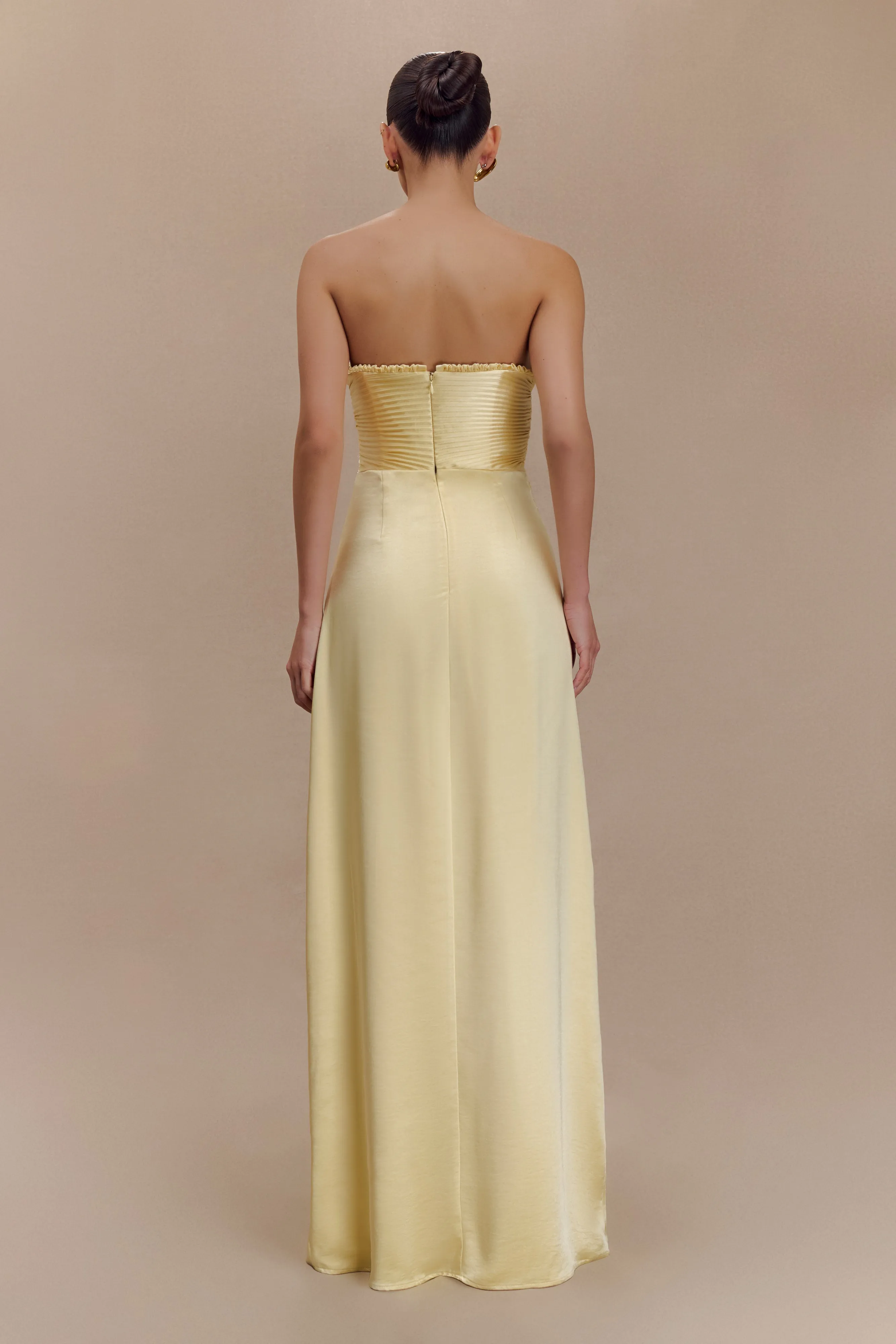 Larissa Satin Maxi Dress With Ruched Petals - Lemon sold by Meshki product image thumbnail 2
