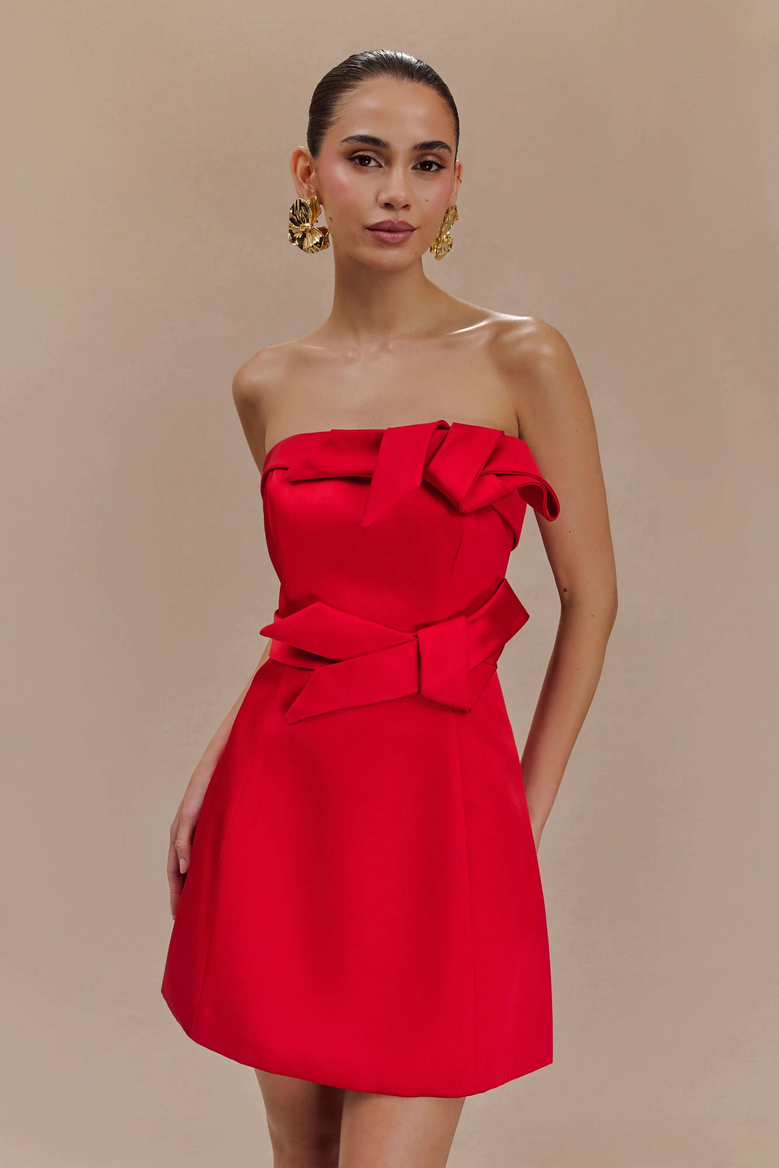 Tatiana Satin Strapless Bow Mini Dress - Red sold by Meshki