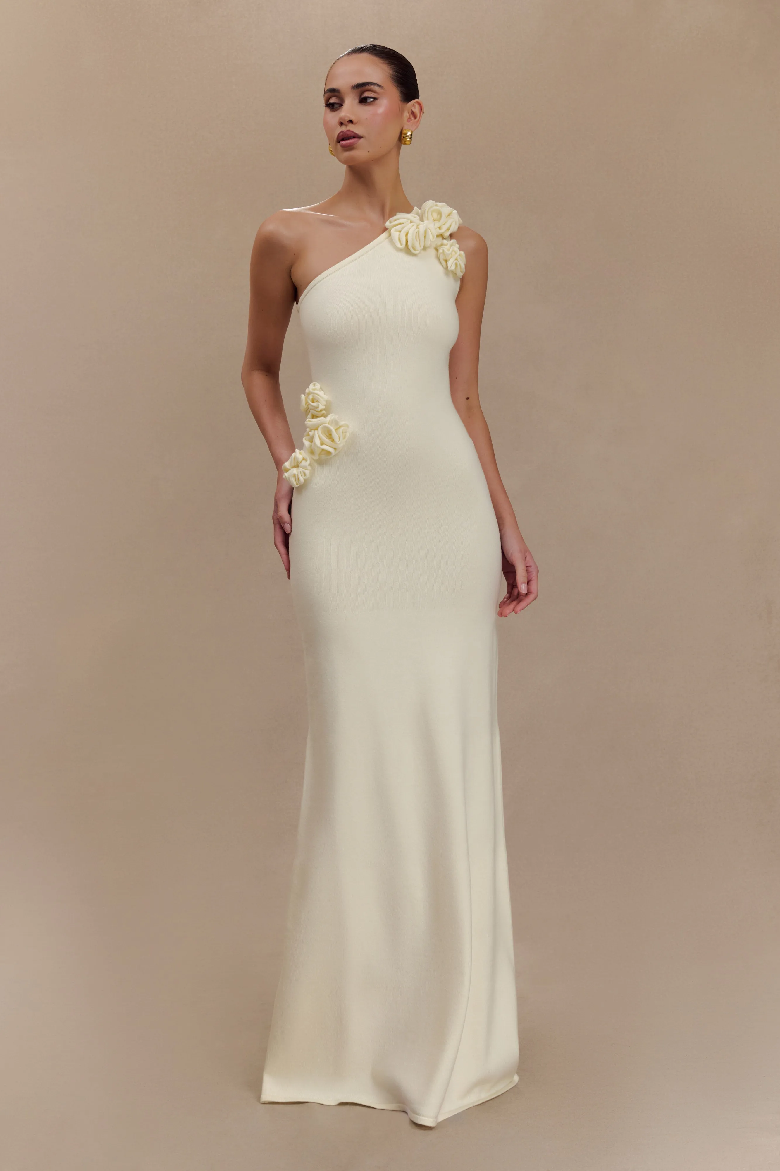 Paloma One Shoulder Knit Maxi Dress With Flowers - Ivory sold by Meshki