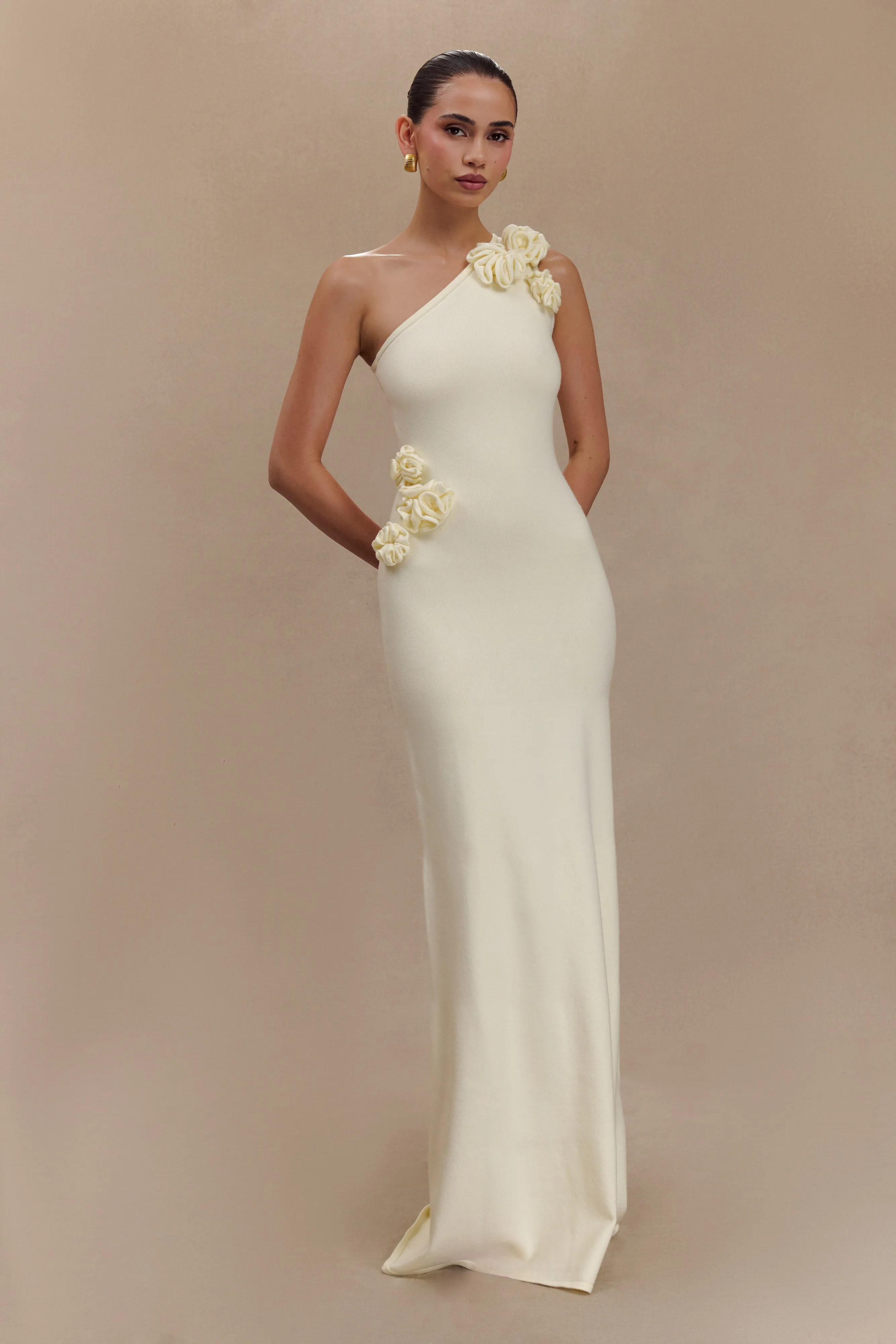 Paloma One Shoulder Knit Maxi Dress With Flowers - Ivory sold by Meshki product image thumbnail 5