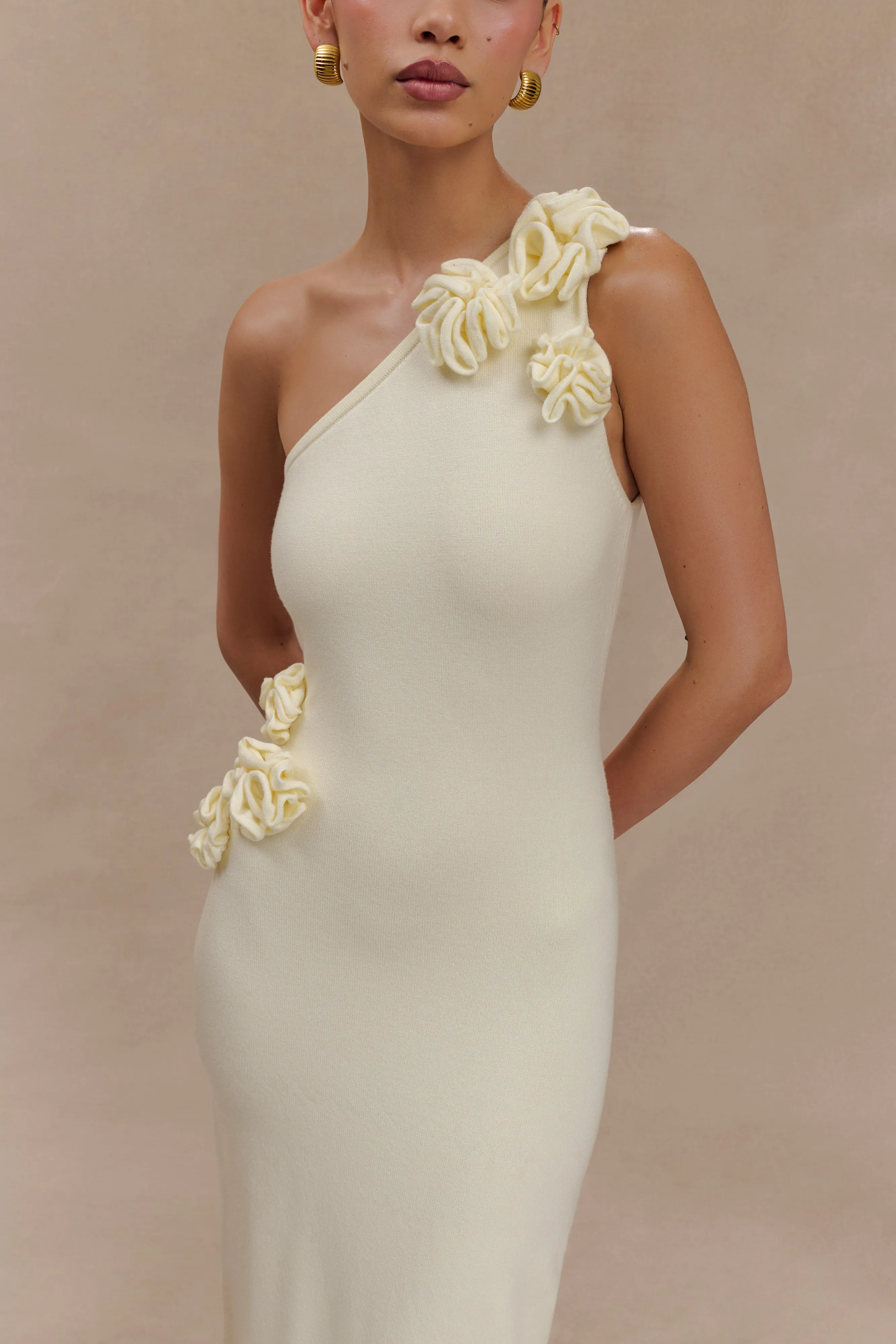 Paloma One Shoulder Knit Maxi Dress With Flowers - Ivory sold by Meshki product image thumbnail 3