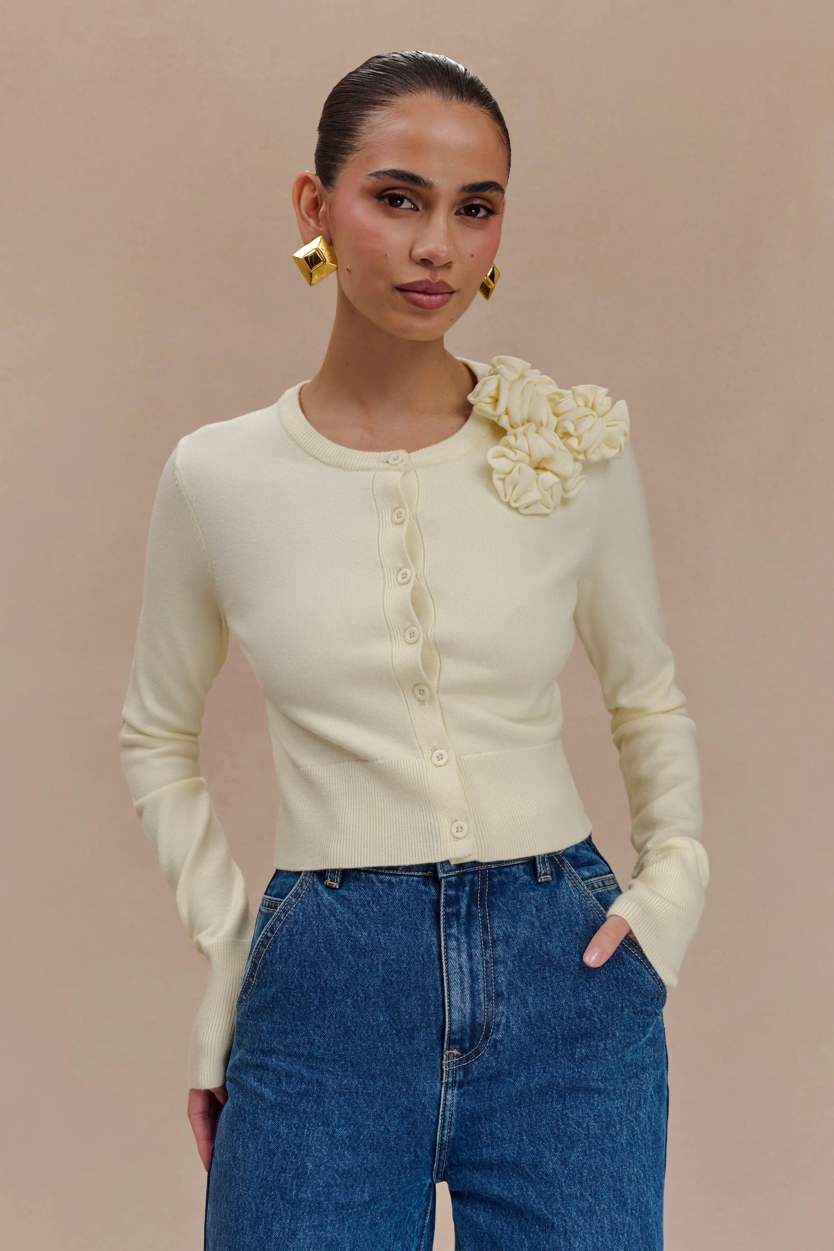 Gianna Knit Cardigan With Flowers - Cream sold by Meshki
