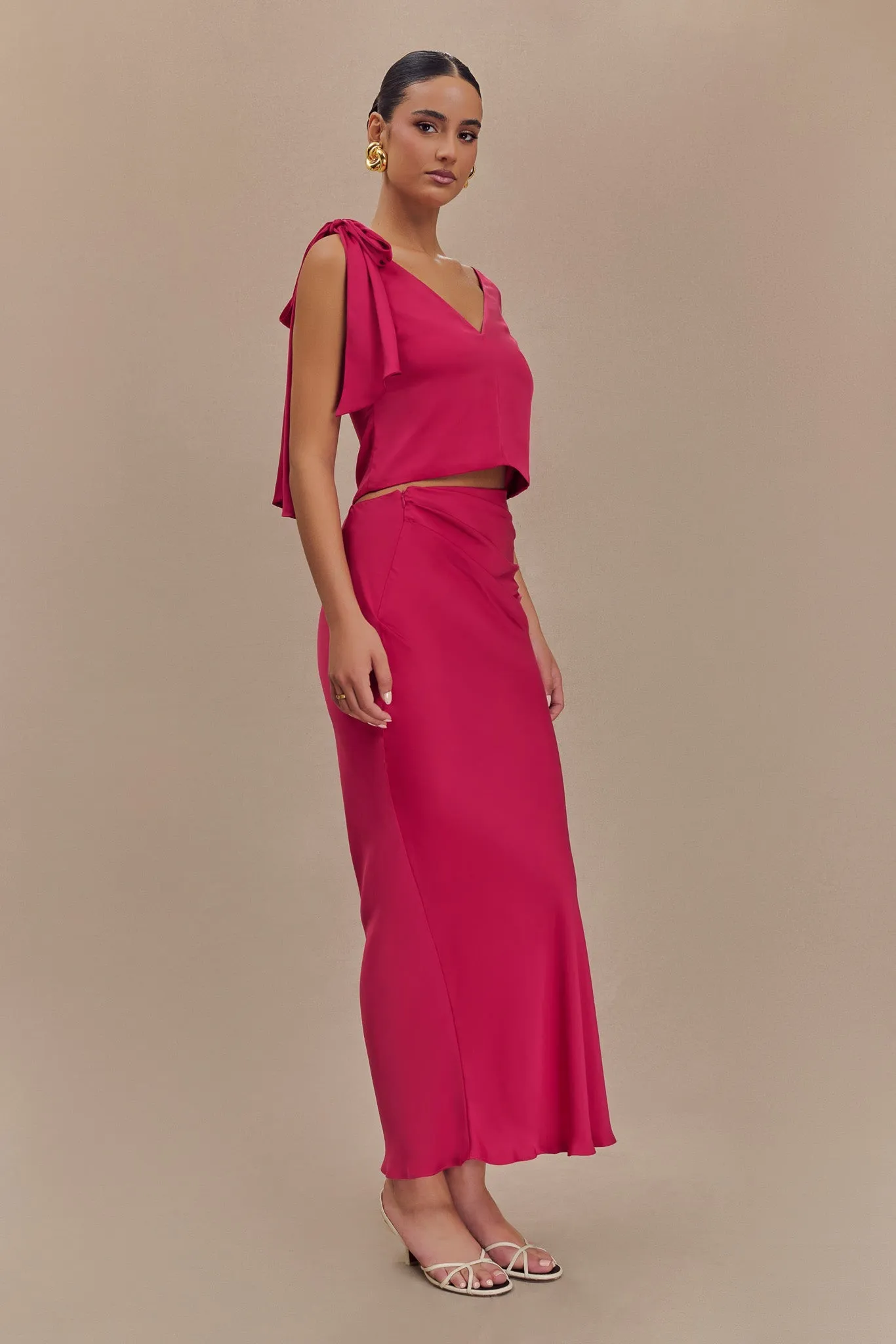 Nicola Satin Asymmetric Maxi Skirt - Pink Cherry sold by Meshki product image thumbnail 2