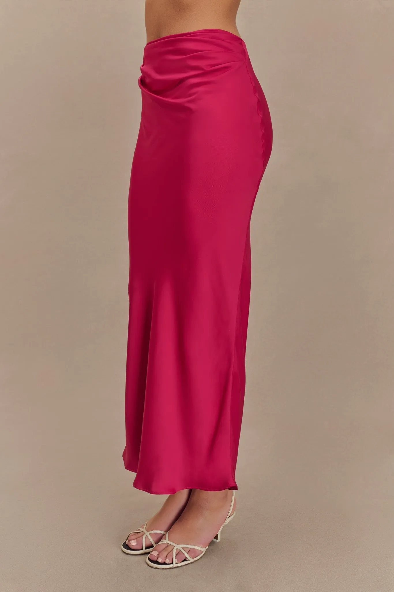 Nicola Satin Asymmetric Maxi Skirt - Pink Cherry sold by Meshki product image thumbnail 4