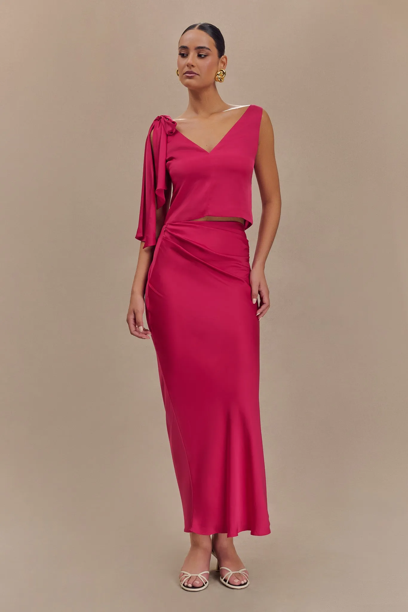 Nicola Satin Asymmetric Maxi Skirt - Pink Cherry sold by Meshki