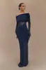 Kaitlin One Shoulder Slinky And Mesh Maxi Dress - Midnight Blue sold by Meshki