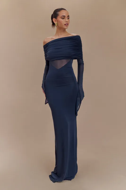 Kaitlin One Shoulder Slinky And Mesh Maxi Dress - Midnight Blue sold by Meshki
