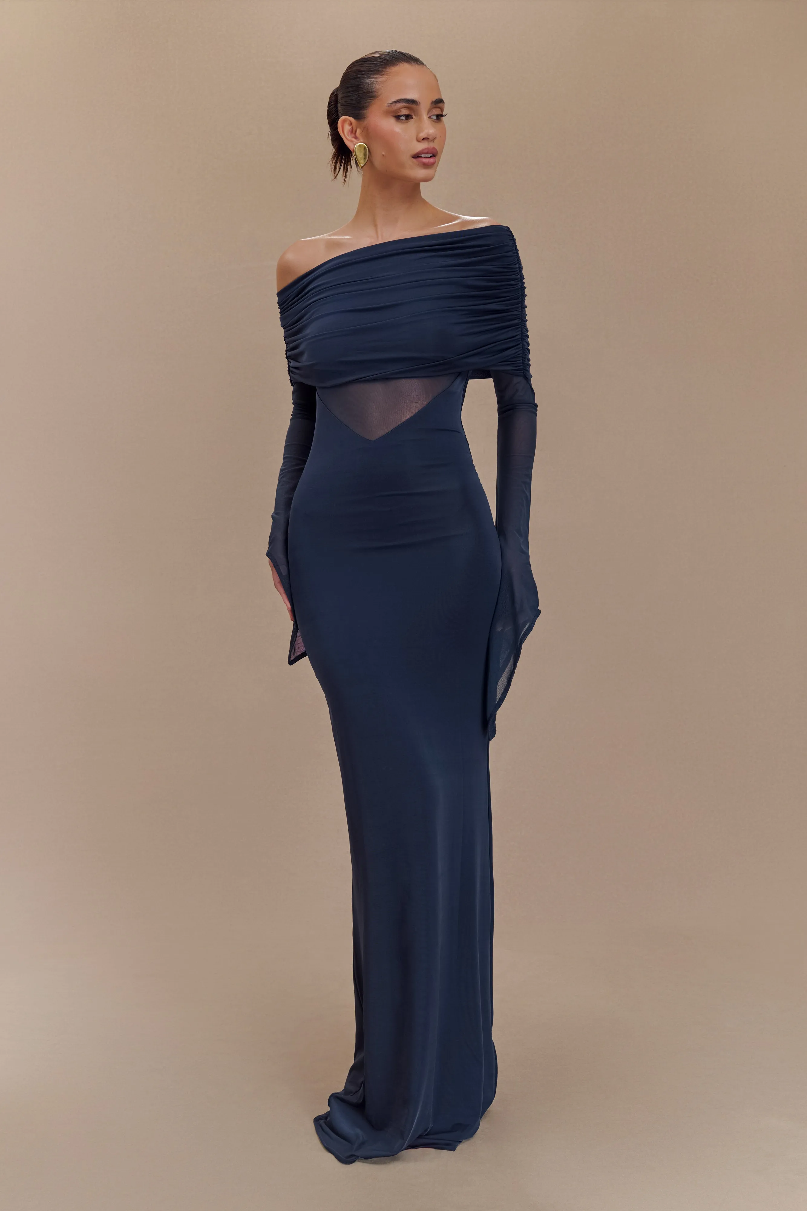 Kaitlin One Shoulder Slinky And Mesh Maxi Dress - Midnight Blue sold by Meshki