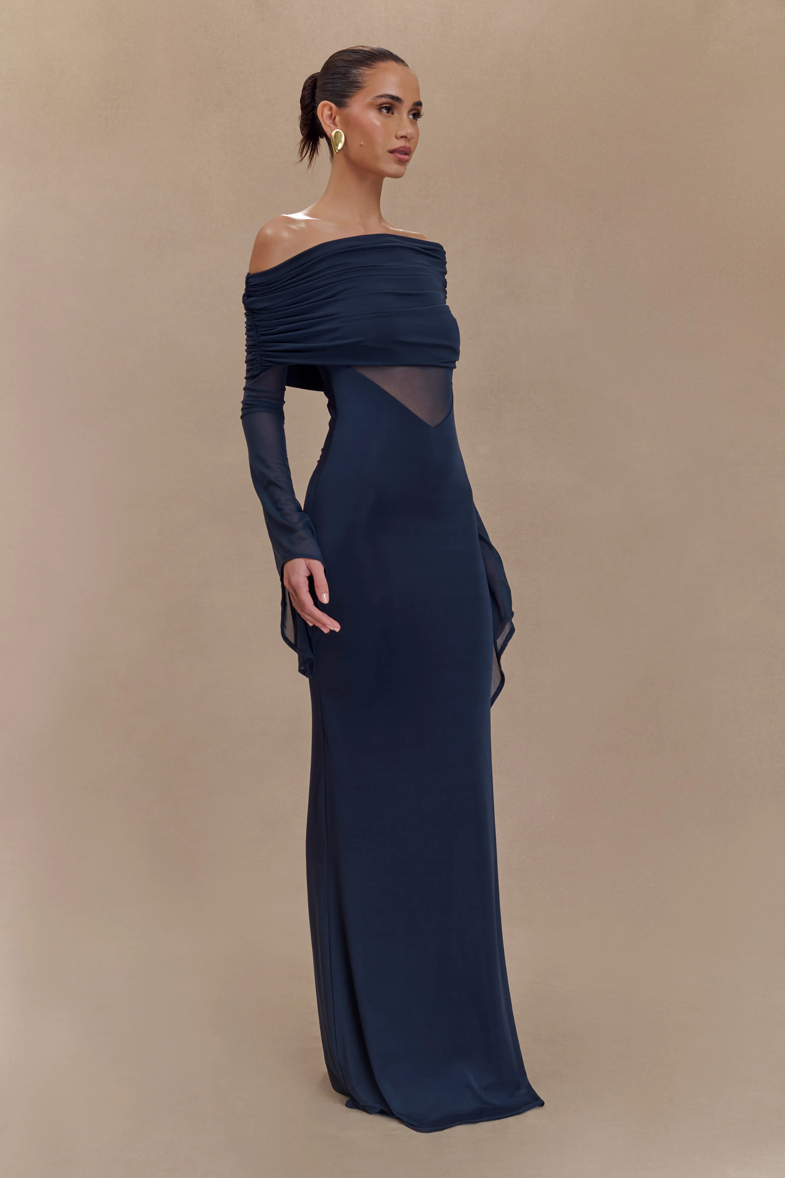 Kaitlin One Shoulder Slinky And Mesh Maxi Dress - Midnight Blue sold by Meshki product image thumbnail 4