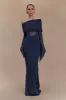 Kaitlin One Shoulder Slinky And Mesh Maxi Dress - Midnight Blue sold by Meshki