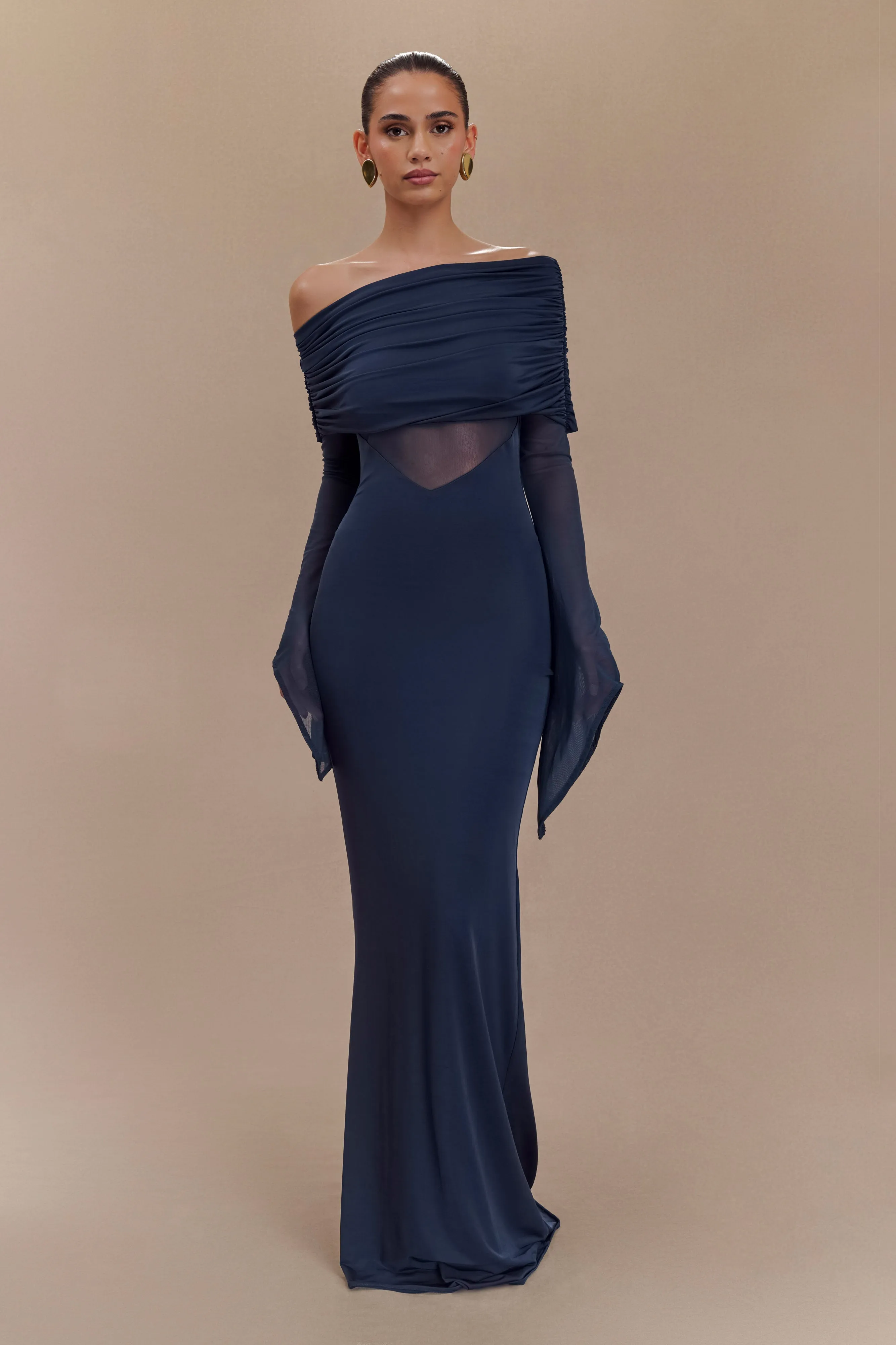 Kaitlin One Shoulder Slinky And Mesh Maxi Dress - Midnight Blue sold by Meshki product image thumbnail 5