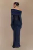 Kaitlin One Shoulder Slinky And Mesh Maxi Dress - Midnight Blue sold by Meshki
