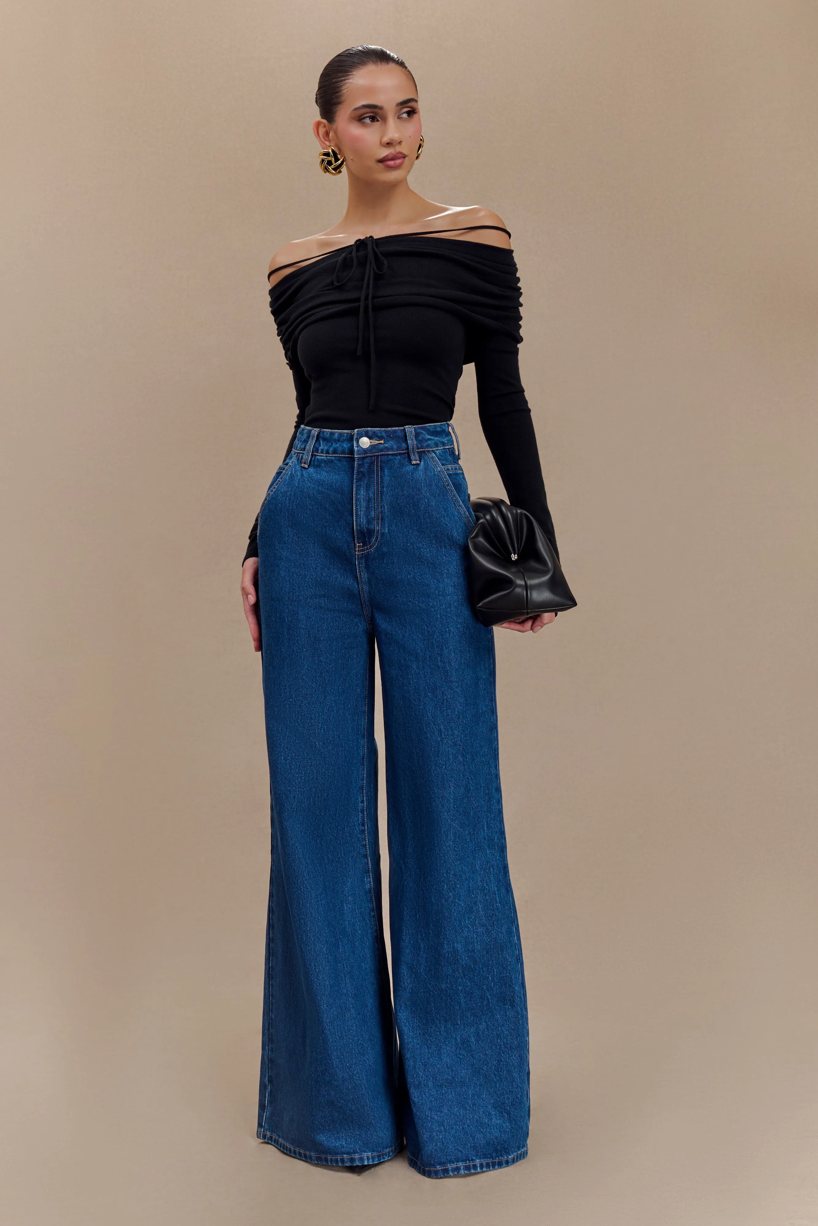 Jen Wide Leg Flare Denim Jeans - Dark Blue sold by Meshki