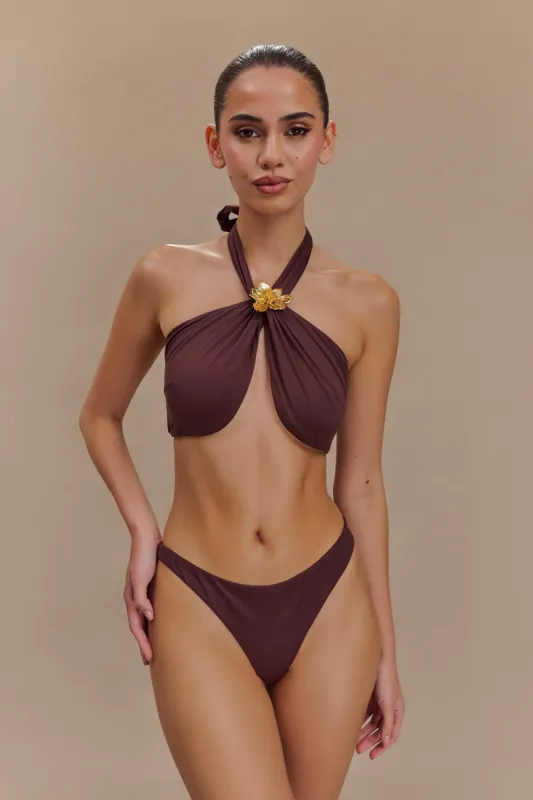 Carissa Floral Hardware Halter Bikini Top - Chocolate sold by Meshki