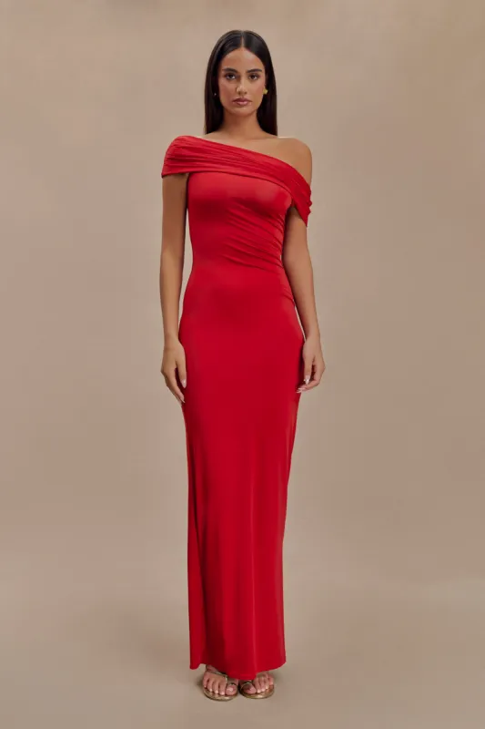 Cassandra Off Shoulder Slinky Maxi Dress - Red sold by Meshki