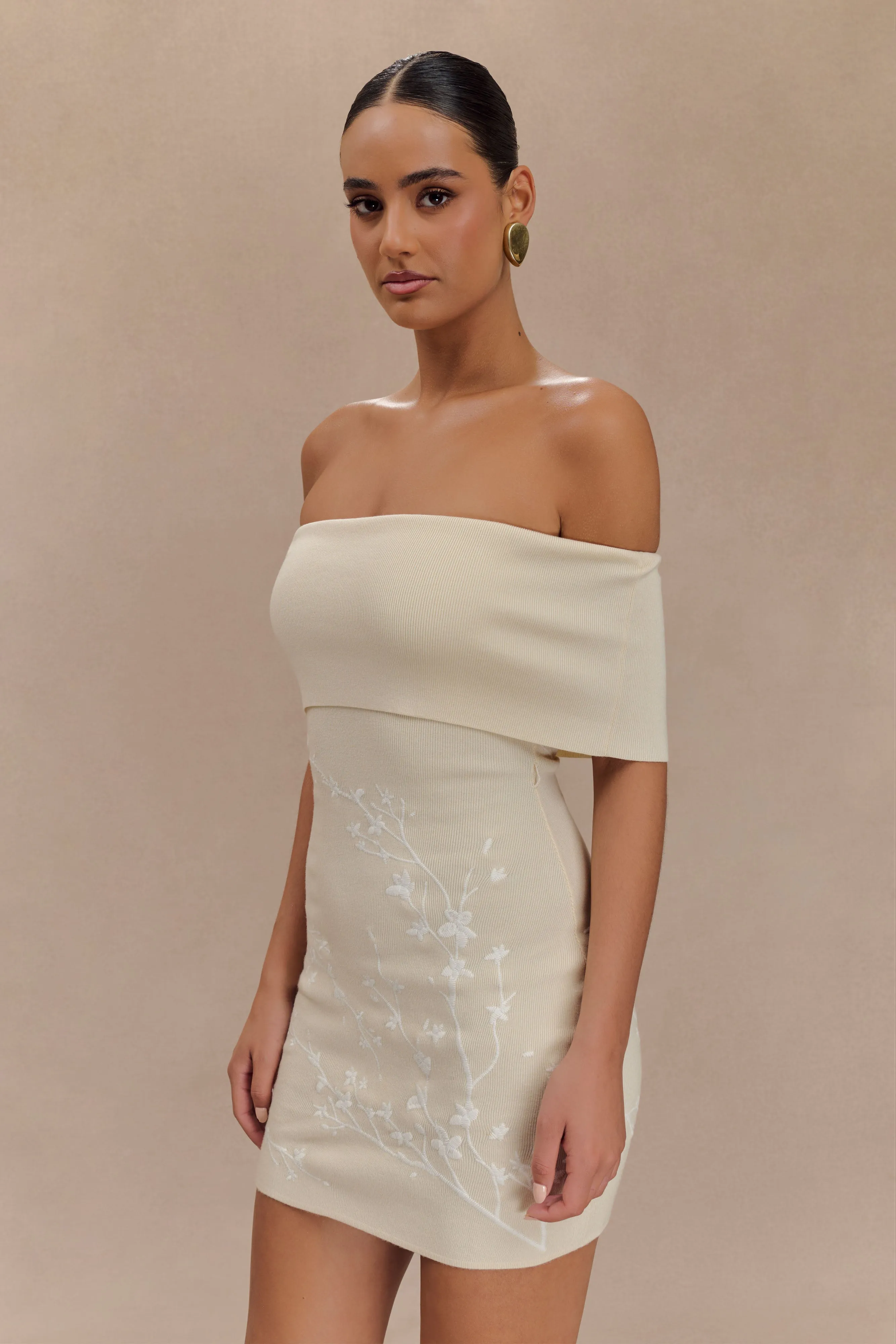 Mallory Off Shoulder Embroidered Knit Mini Dress - Cream And Ivory sold by Meshki product image thumbnail 4